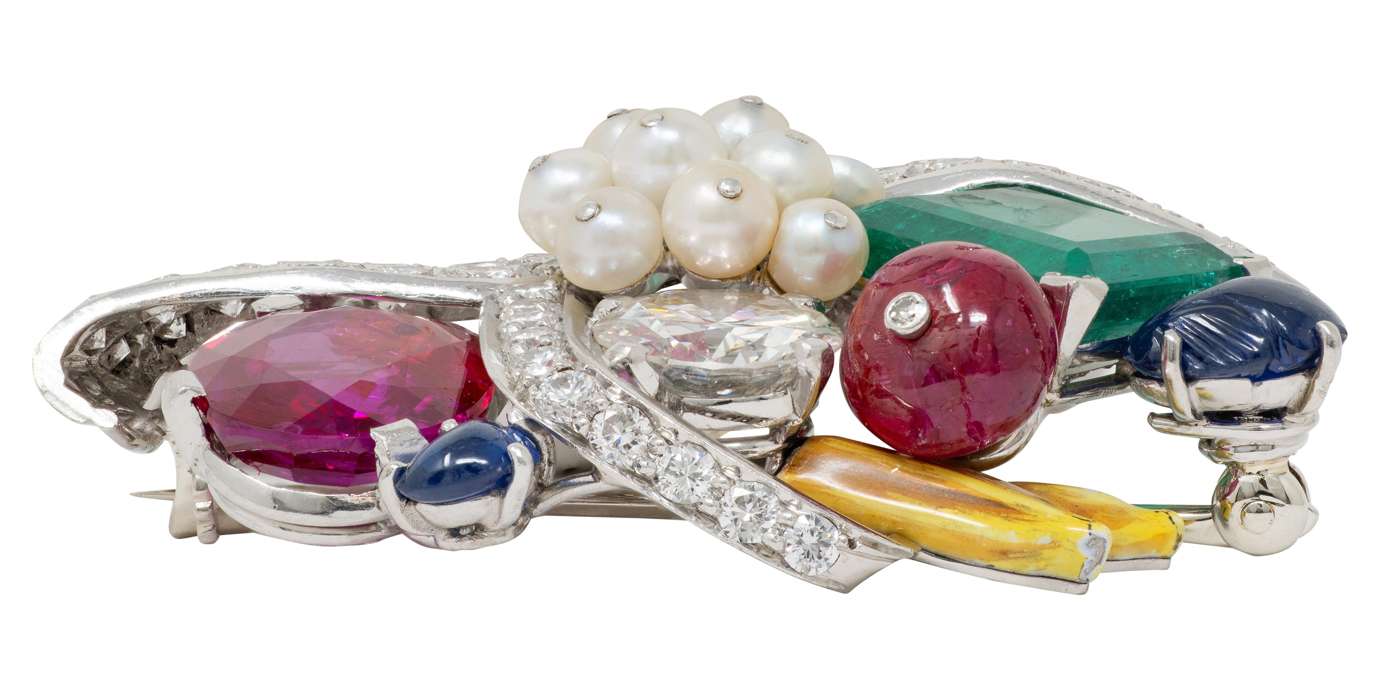 Mauboussin 1950 Burma Ruby Multi-Gem Platinum Vintage Tutti-Frutti Basket Brooch