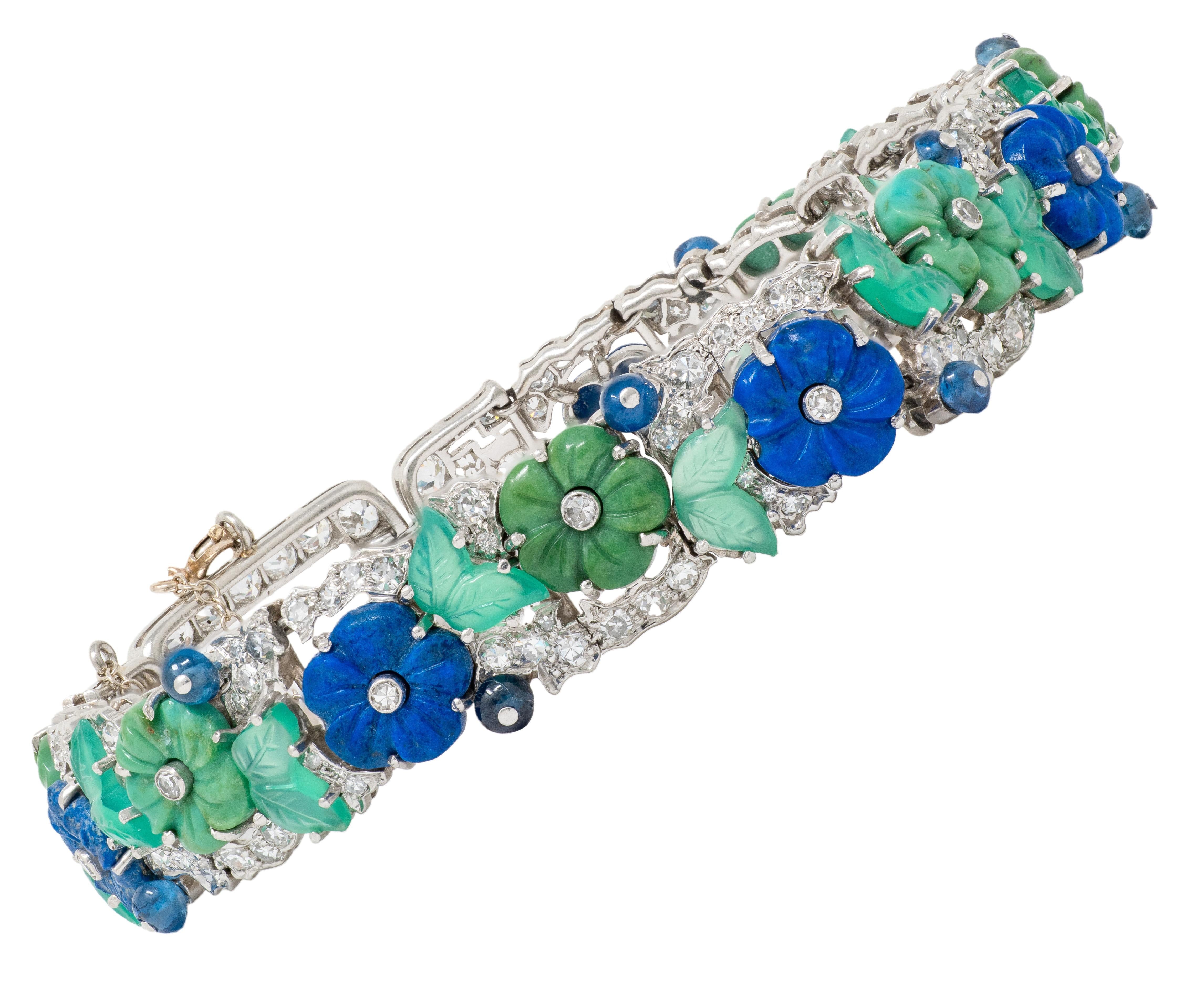 Art Deco Diamond Multi-Gem Turquoise Platinum Vintage Floral Buckle Bracelet