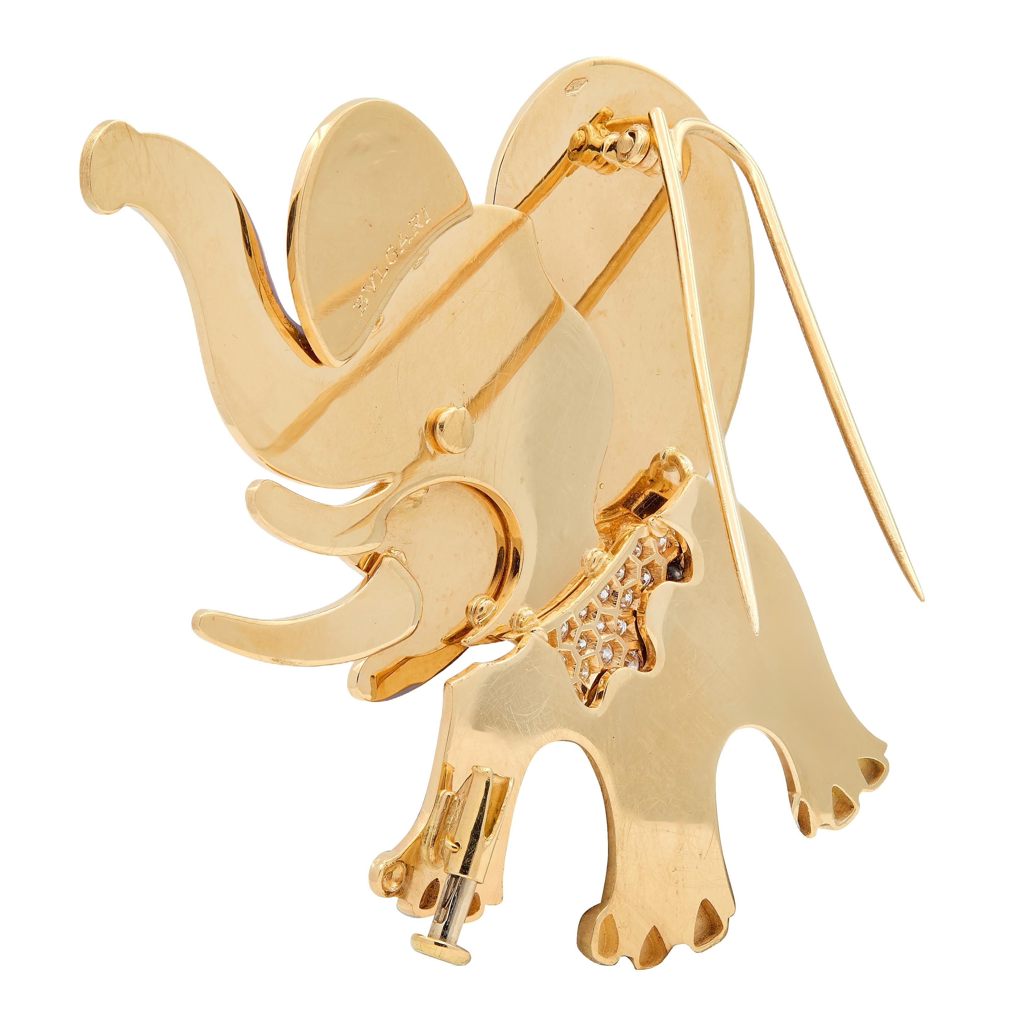 Bulgari 1980's Ruby Diamond Enamel 18 Karat Yellow Gold Vintage Elephant Brooch