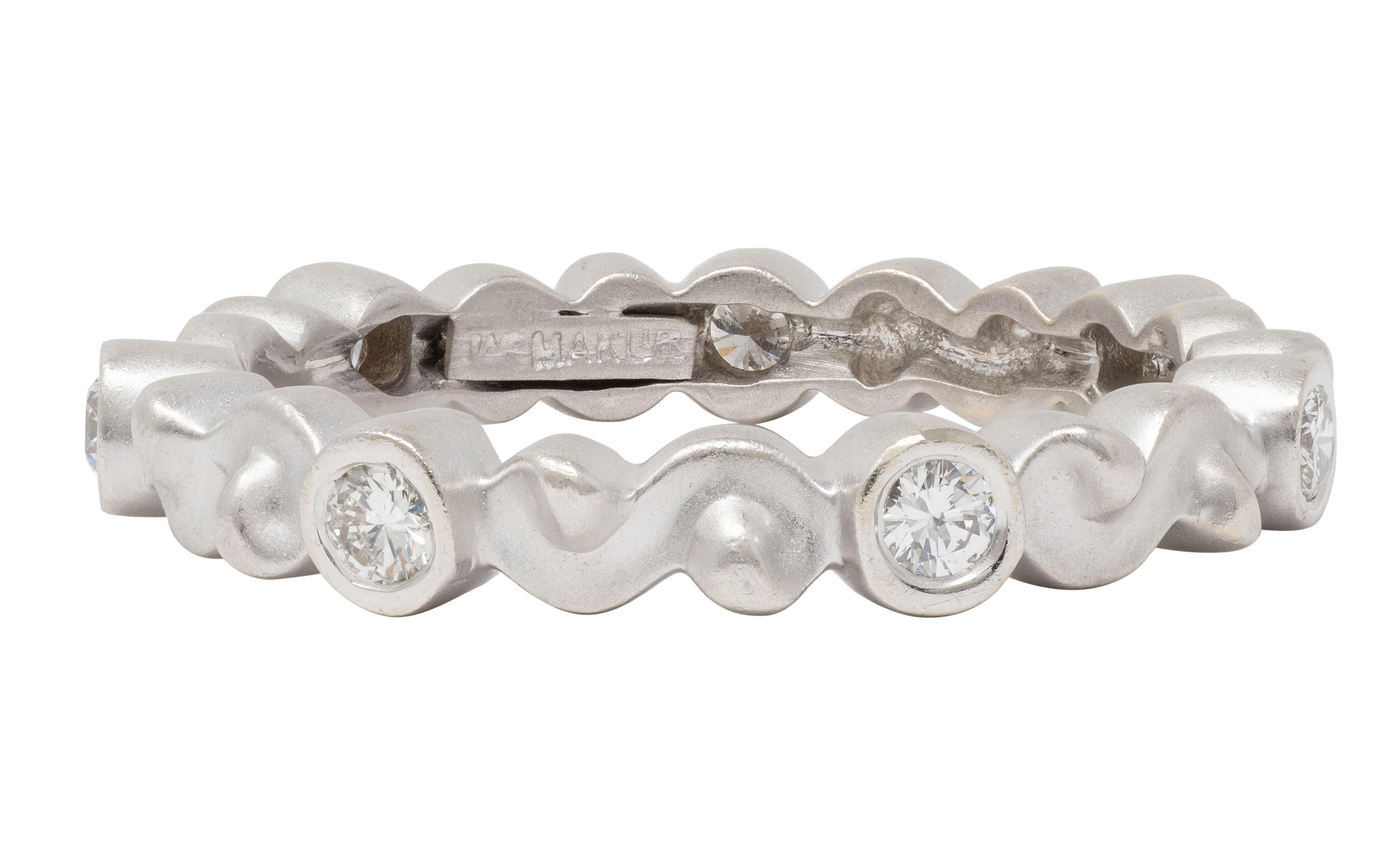 1990's Diamond 14 Karat White Gold Vintage Scrolling Bezel Band Ring