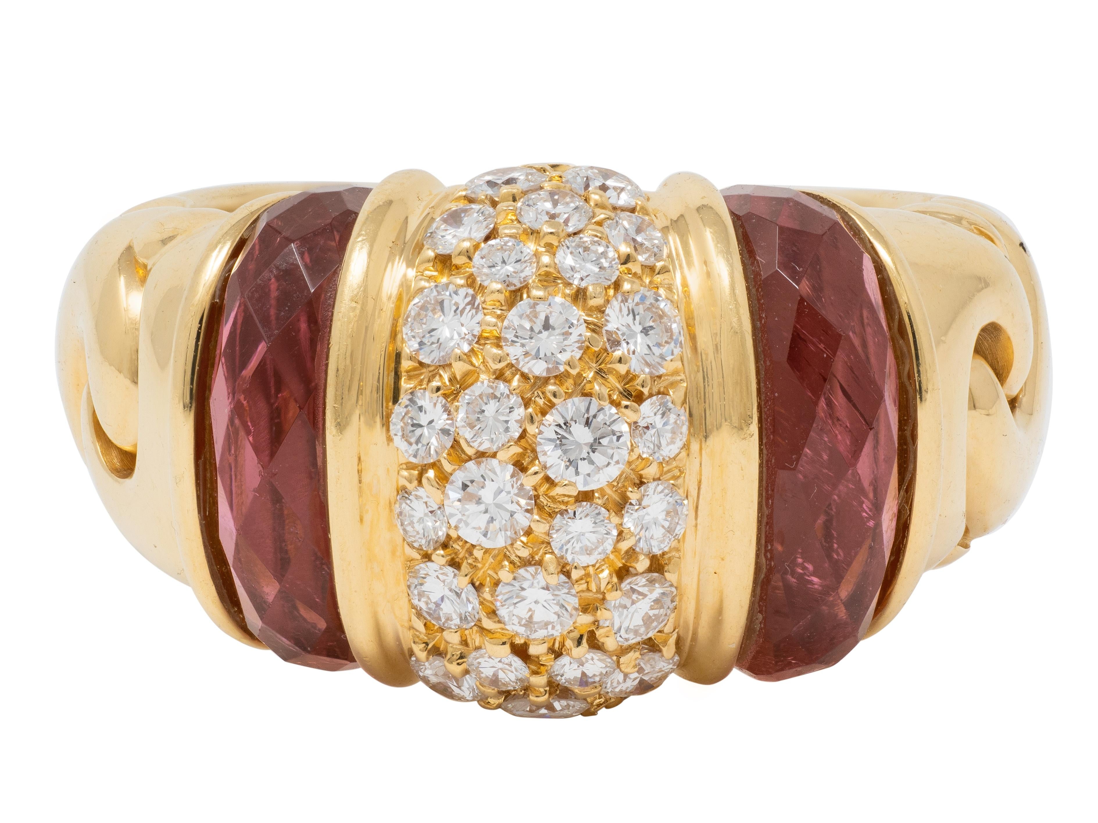 Bulgari 1990's Diamond Tourmaline 18 Karat Yellow Gold Vintage Passo Doppio Ring