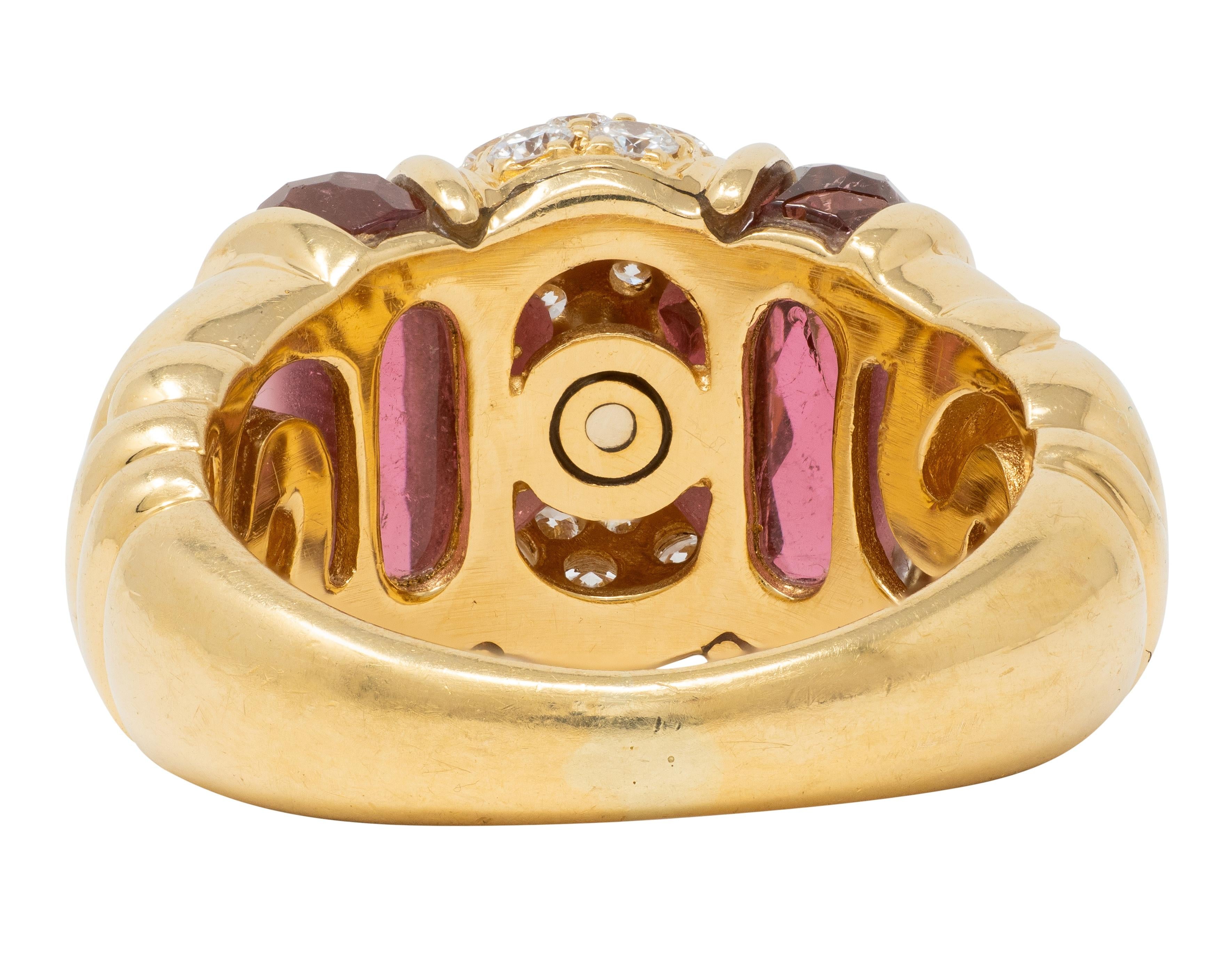 Bulgari 1990's Diamond Tourmaline 18 Karat Yellow Gold Vintage Passo Doppio Ring