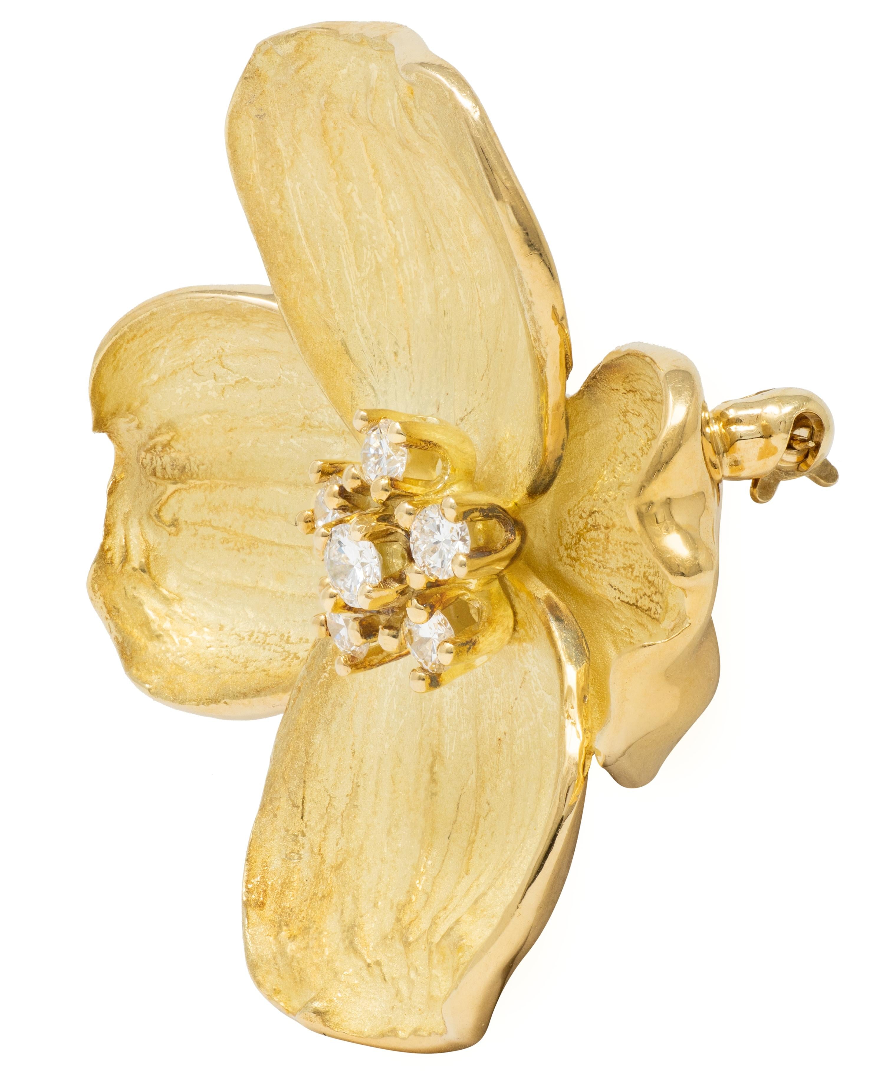 Tiffany & Co. 2000's Diamond 18 Karat Yellow Gold Dogwood Flower Brooch