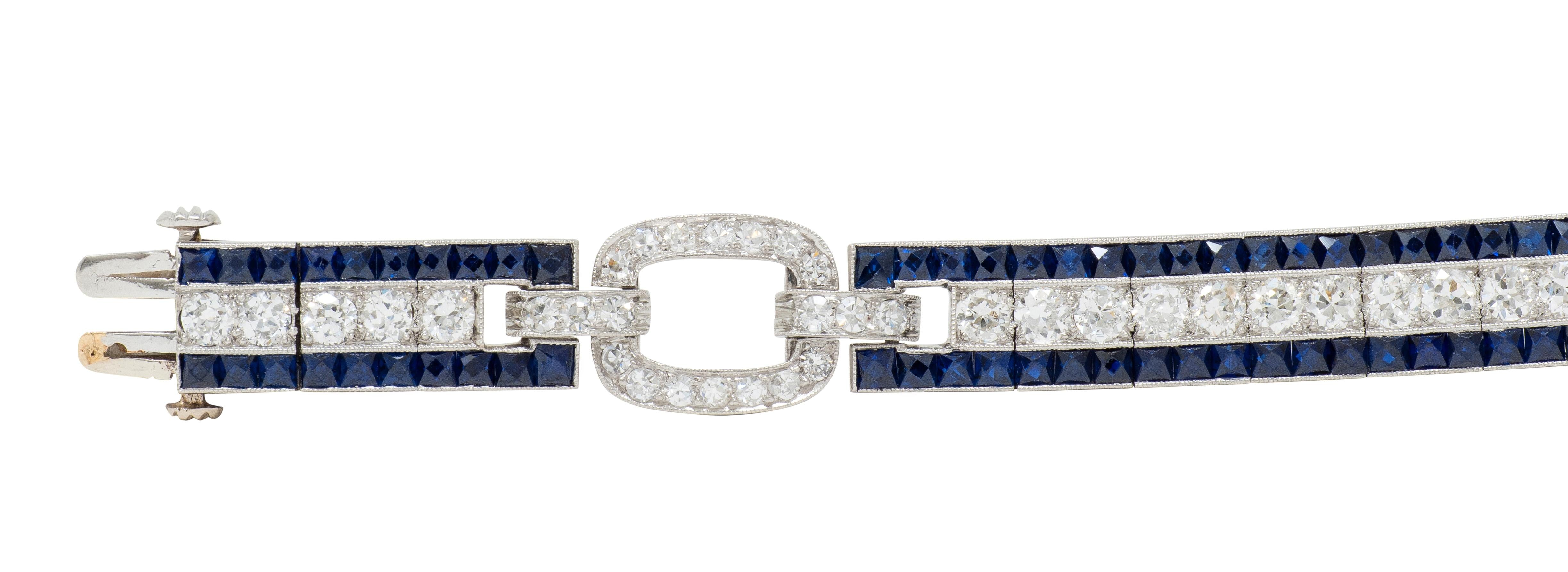 Art Deco 16.98 CTW Sapphire Diamond Platinum Vintage Buckle Line Bracelet