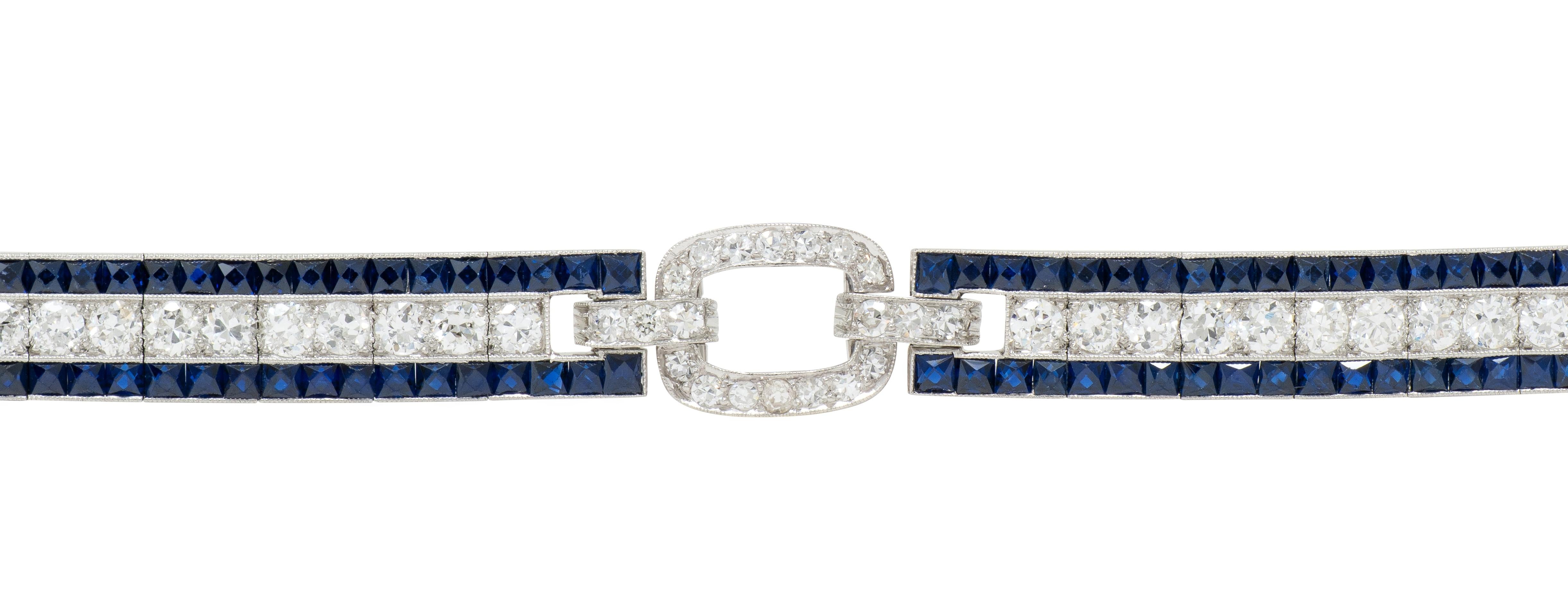 Art Deco 16.98 CTW Sapphire Diamond Platinum Vintage Buckle Line Bracelet
