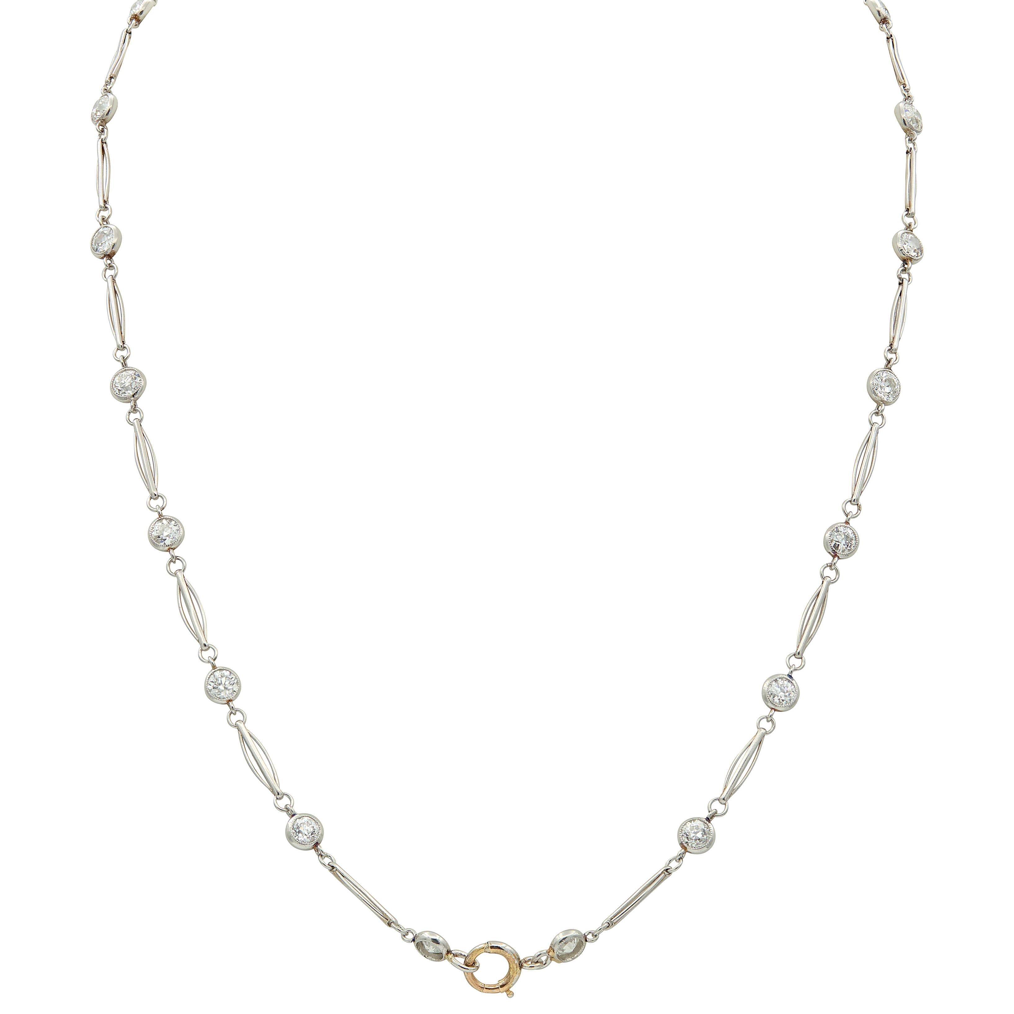 Art Deco 4.62 CTW Old European Cut Diamond Platinum Vintage Station Necklace