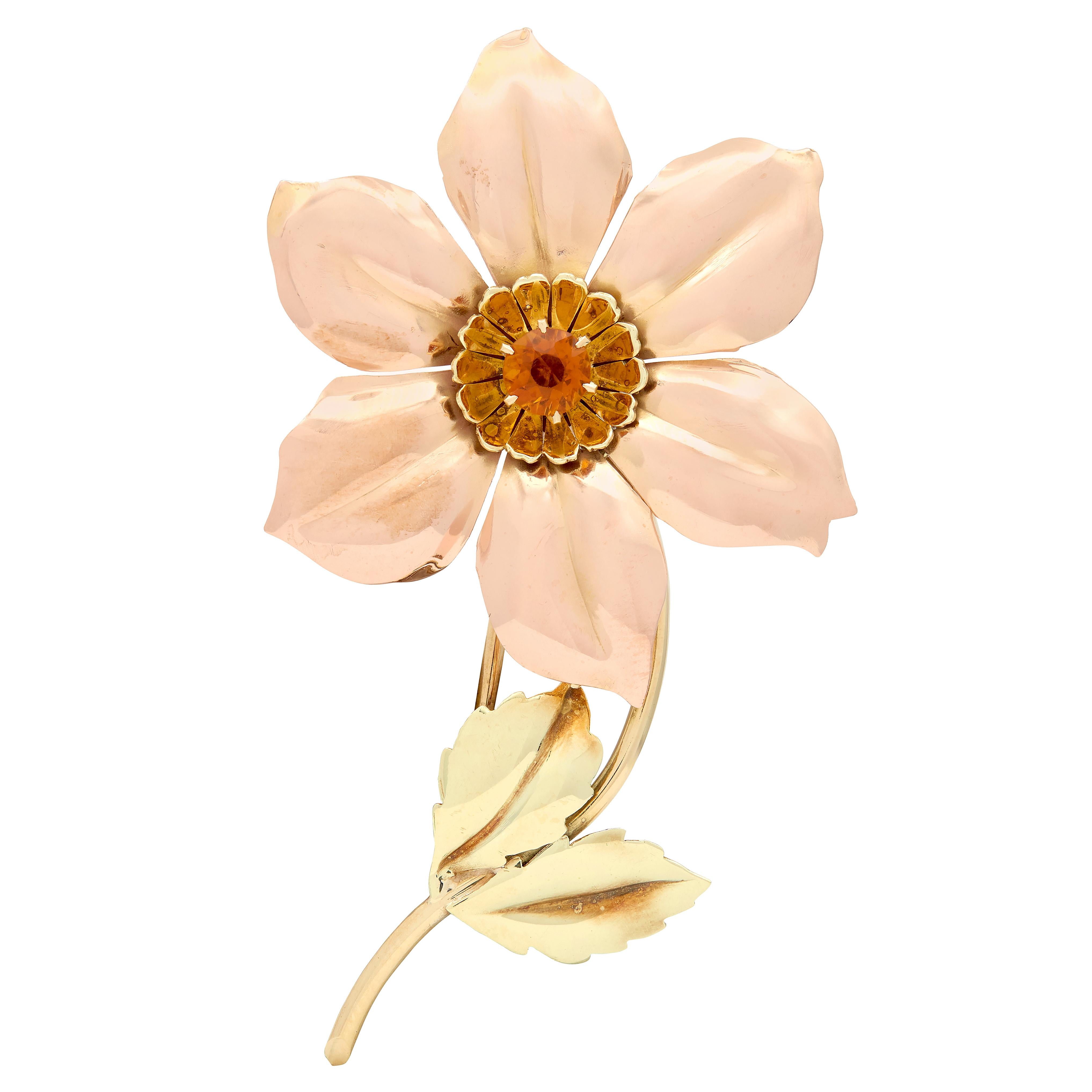 Tiffany & Co. Retro Citrine 14 Karat Two-Tone Gold Vintage Flower Brooch