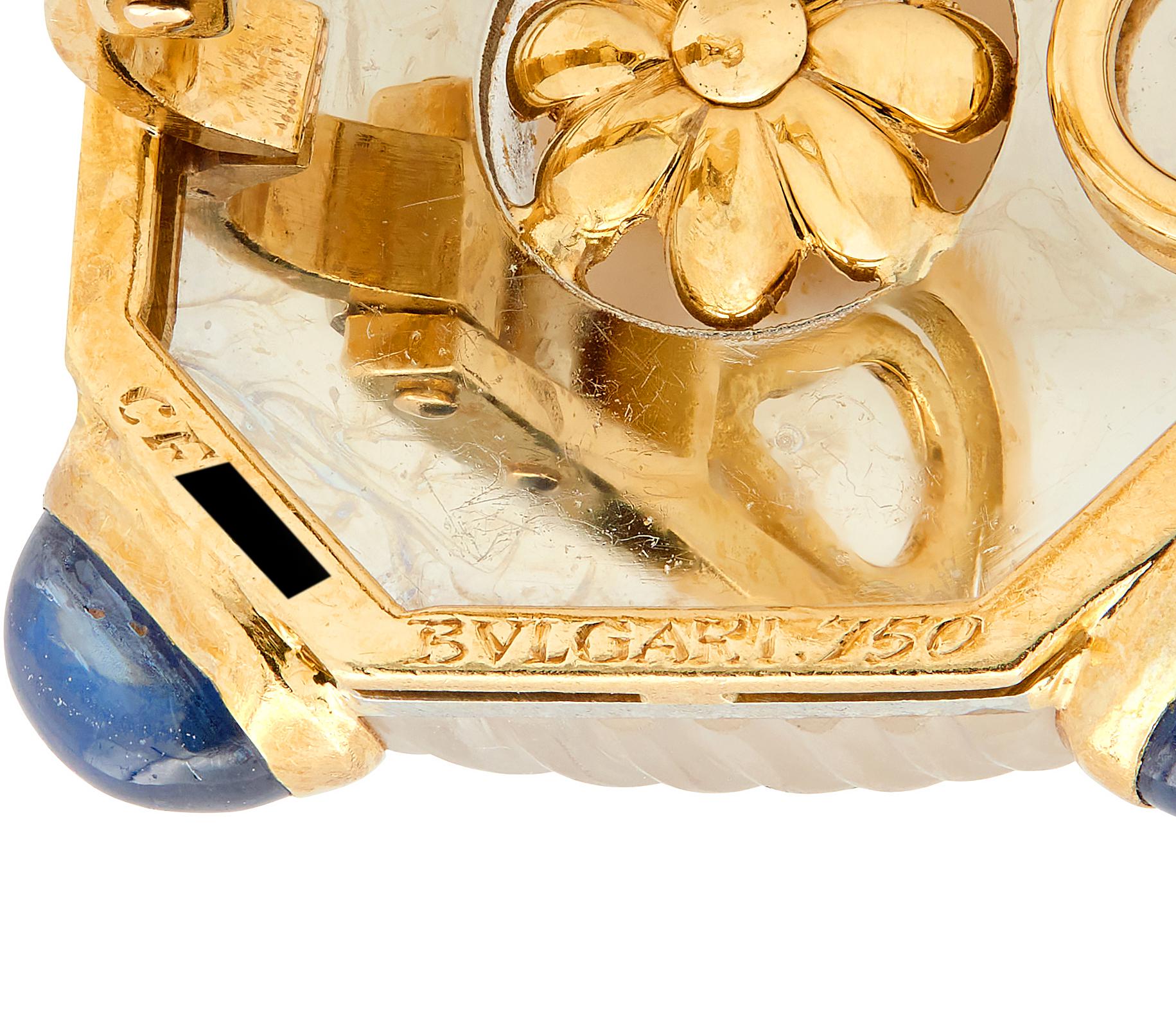 Bulgari 1980's Pearl Sapphire Quartz 18K Gold Vintage Ear-Clip Earrings