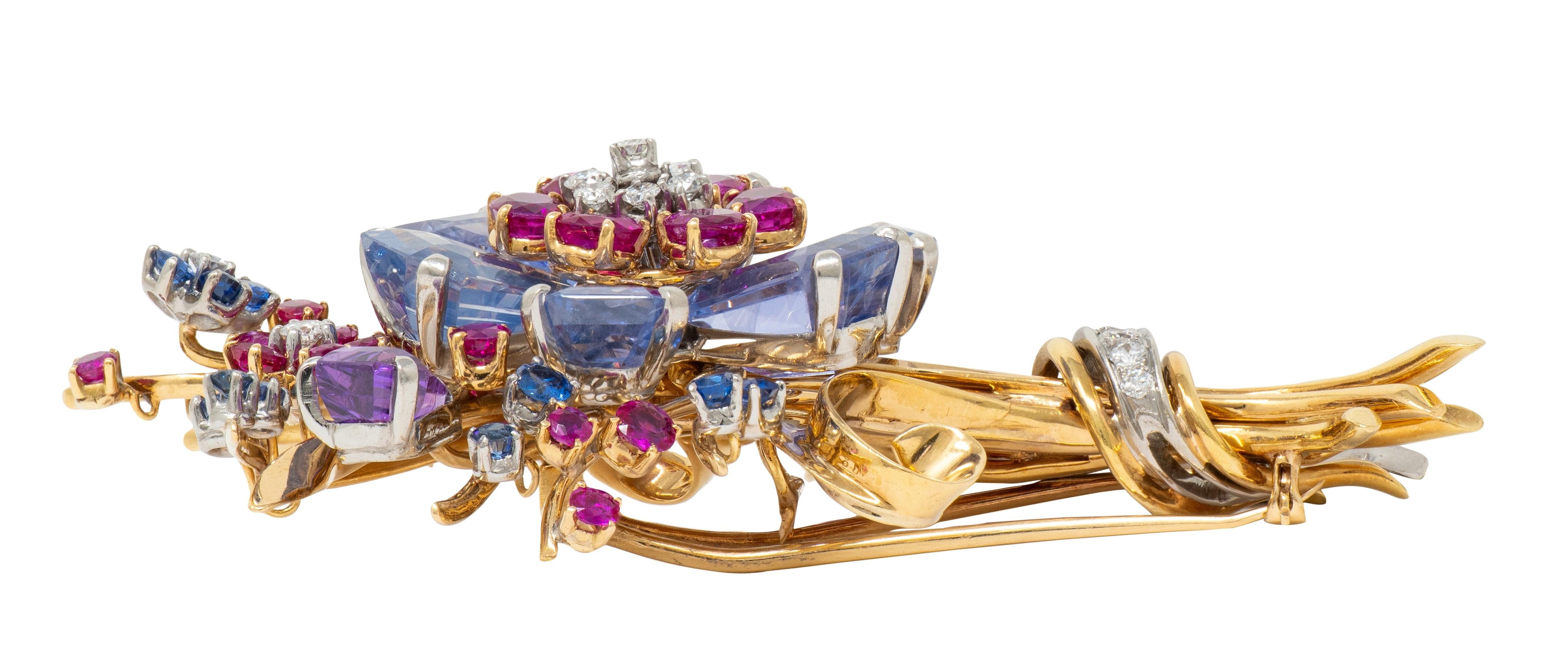 Tiffany & Co. Retro Sapphire Ruby Diamond 18K Gold Vintage Floral Spray Brooch