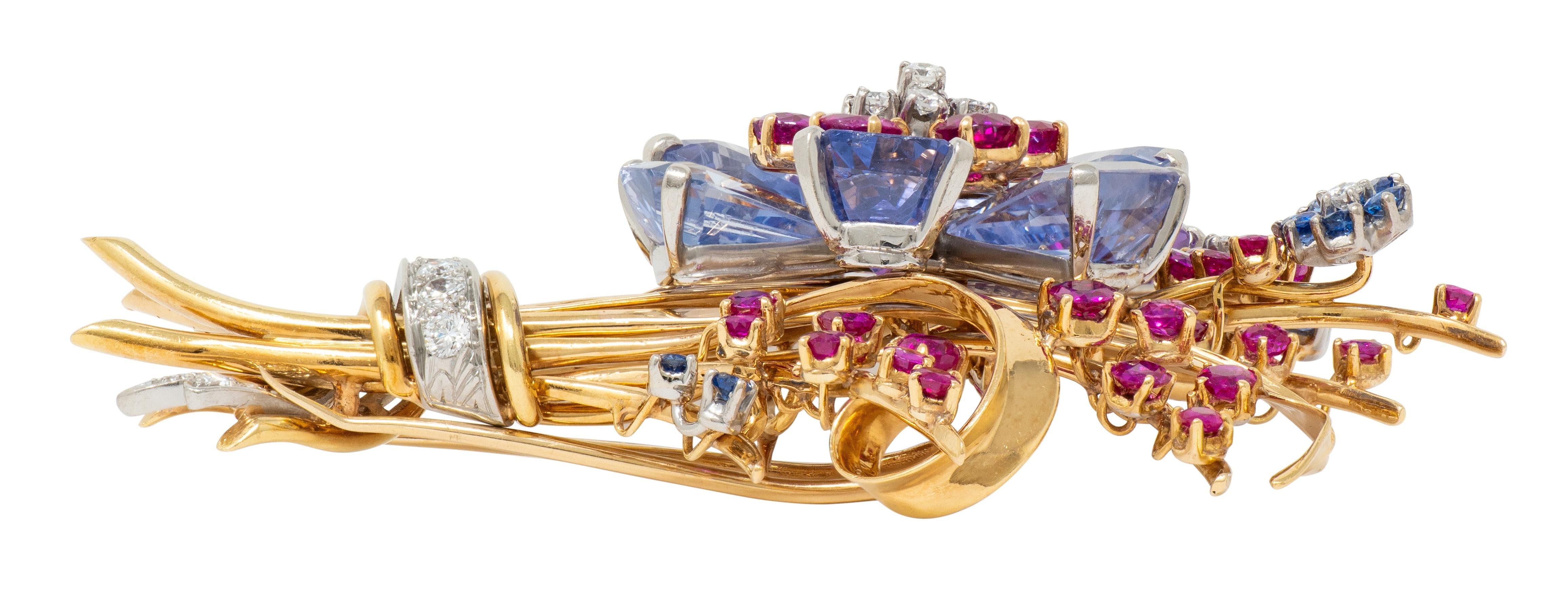 Tiffany & Co. Retro Sapphire Ruby Diamond 18K Gold Vintage Floral Spray Brooch