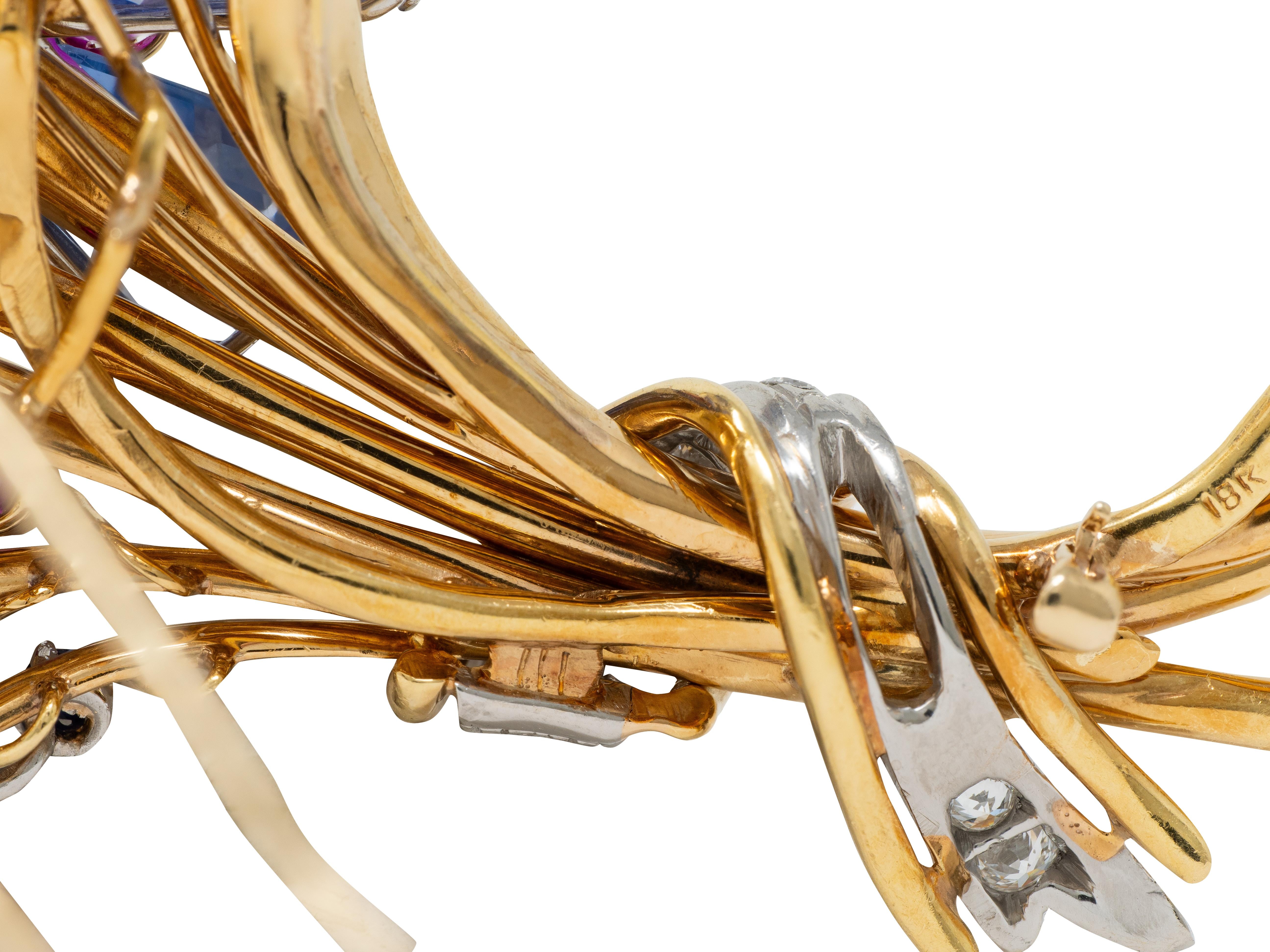 Tiffany & Co. Retro Sapphire Ruby Diamond 18K Gold Vintage Floral Spray Brooch