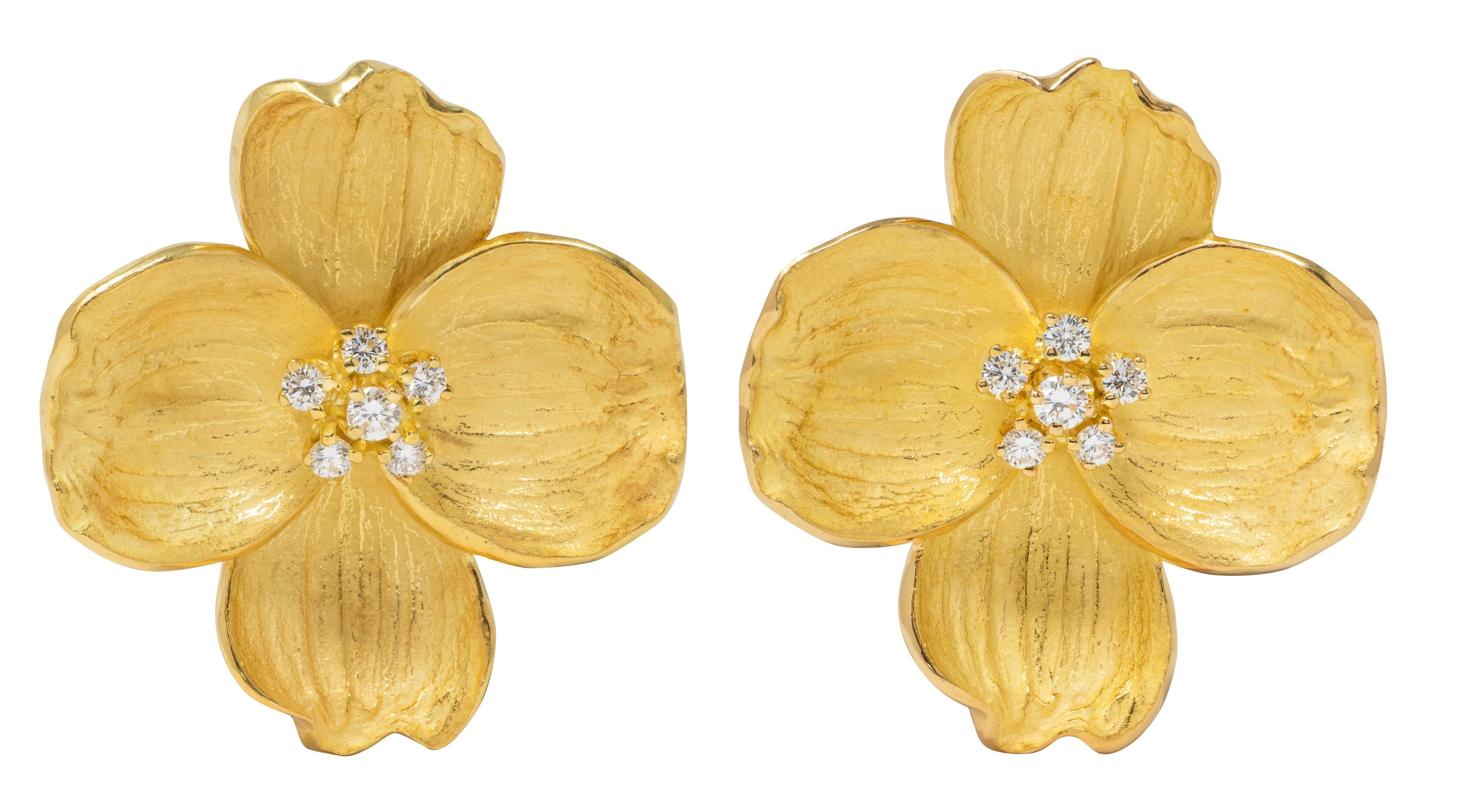 Tiffany & Co. 2000's Diamond 18 Karat Yellow Gold Dogwood Flower Earrings
