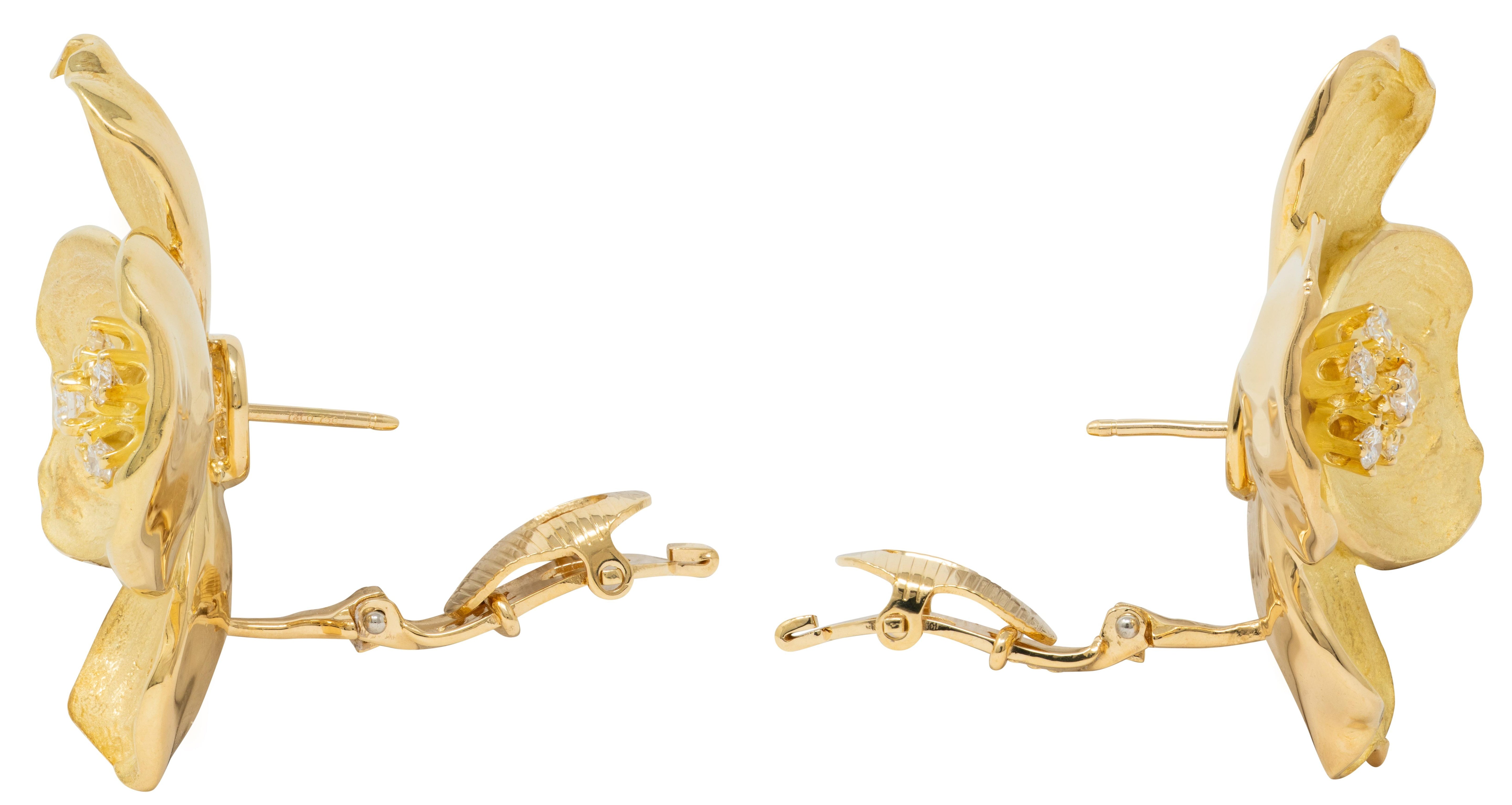 Tiffany & Co. 2000's Diamond 18 Karat Yellow Gold Dogwood Flower Earrings