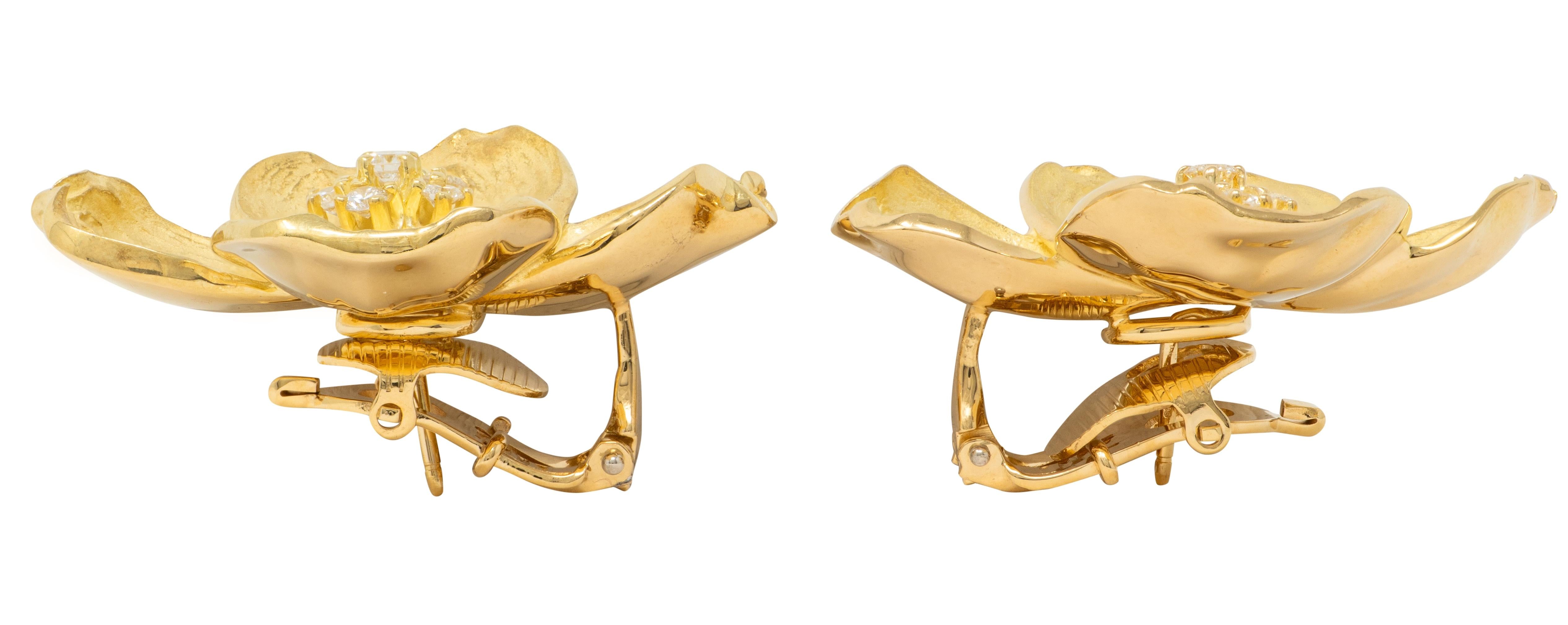 Tiffany & Co. 2000's Diamond 18 Karat Yellow Gold Dogwood Flower Earrings