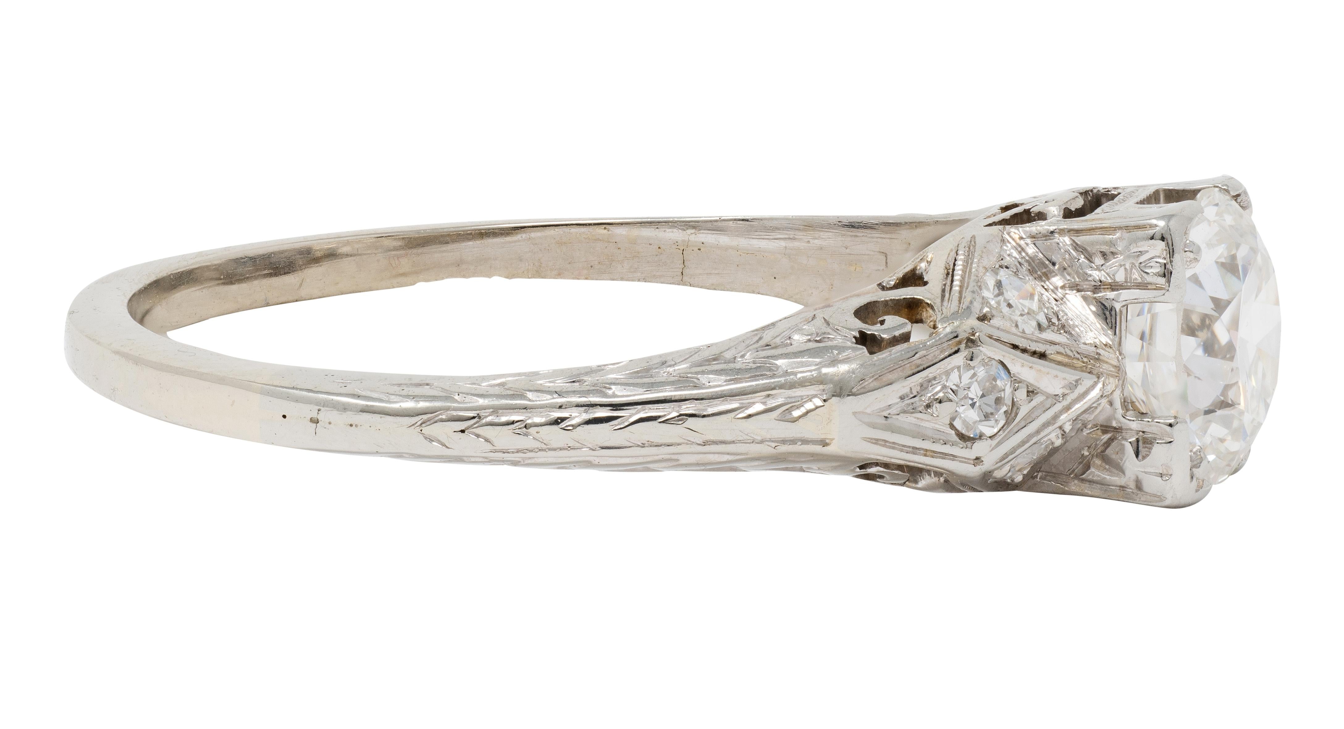 Art Deco 0.88 CTW European Diamond 18K White Gold Vintage Scroll Engagement Ring