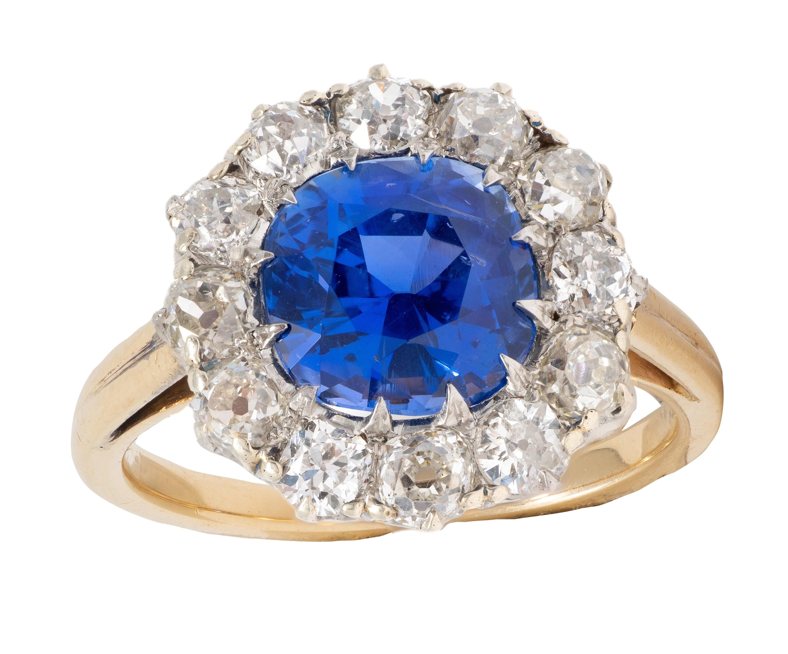 Edwardian 5.13 CTW No Heat Ceylon Sapphire Diamond 14K Antique Halo Ring GIA