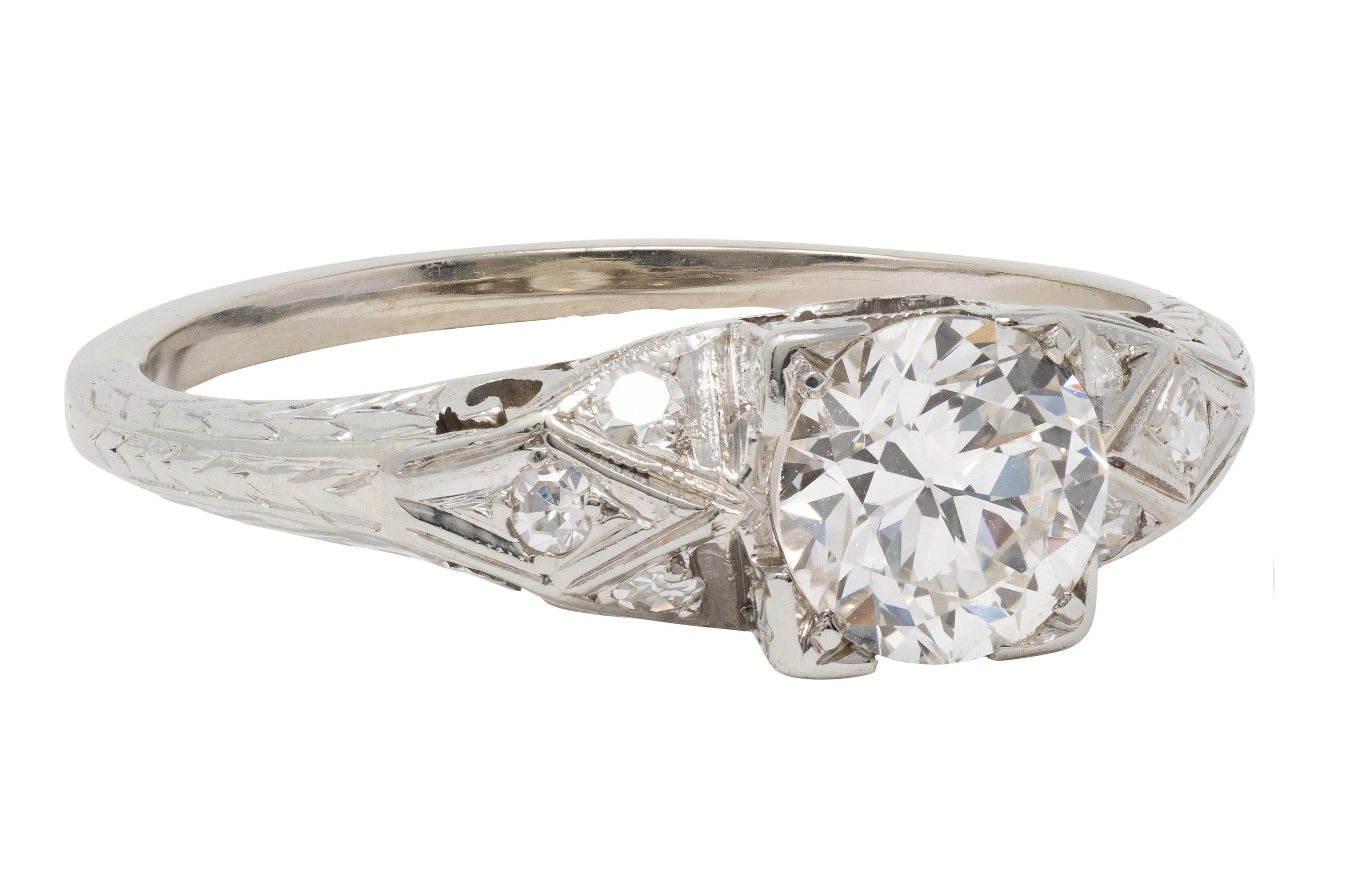 Art Deco 0.88 CTW European Diamond 18K White Gold Vintage Scroll Engagement Ring