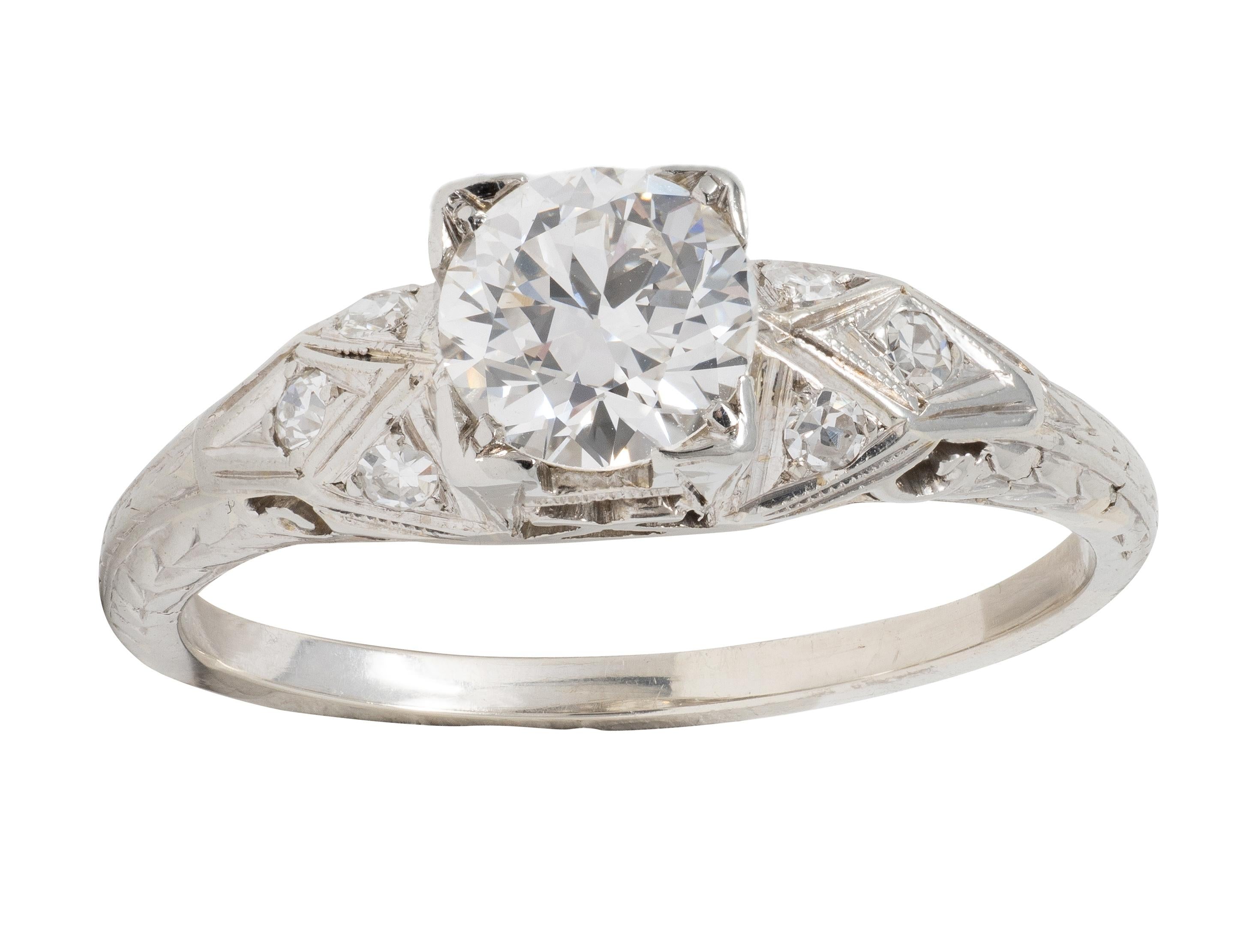 Art Deco 0.88 CTW European Diamond 18K White Gold Vintage Scroll Engagement Ring
