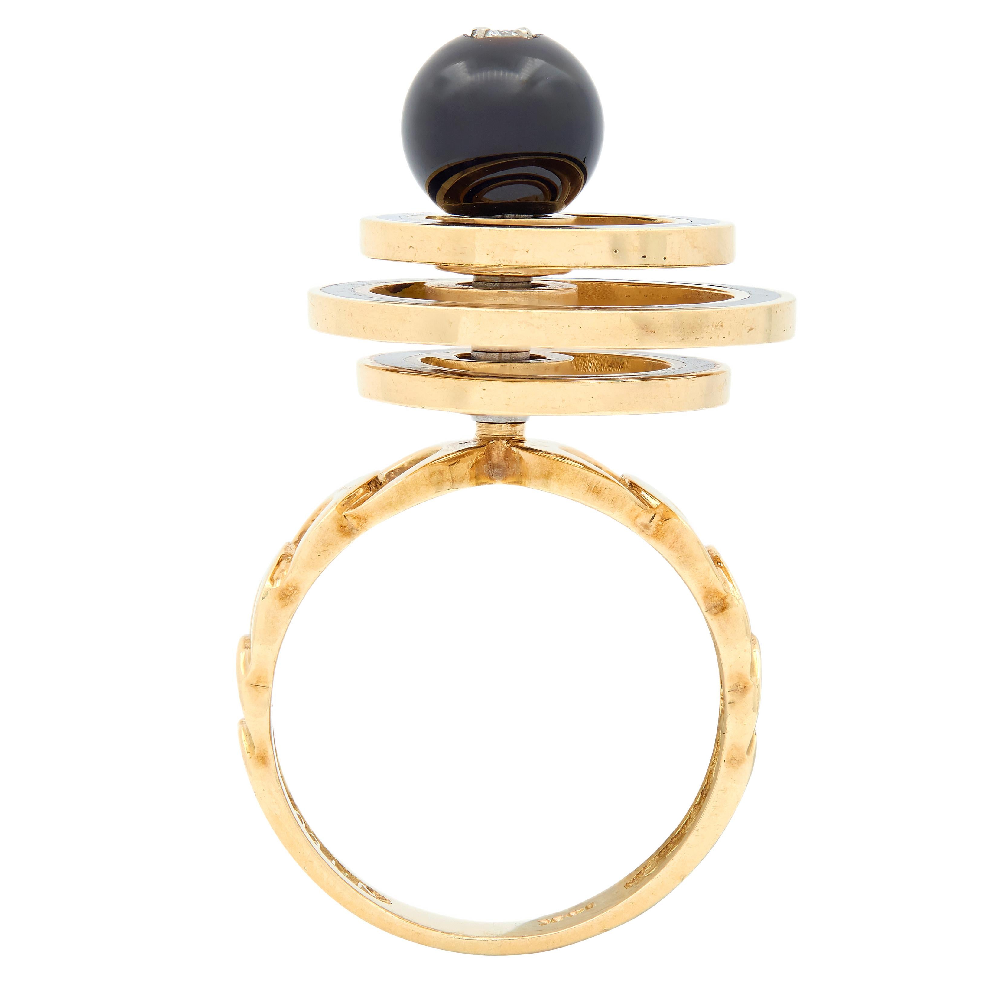 Norman Teufel Onyx Diamond 18K Gold Arch Vintage Kinetic Fidget Spinner Ring