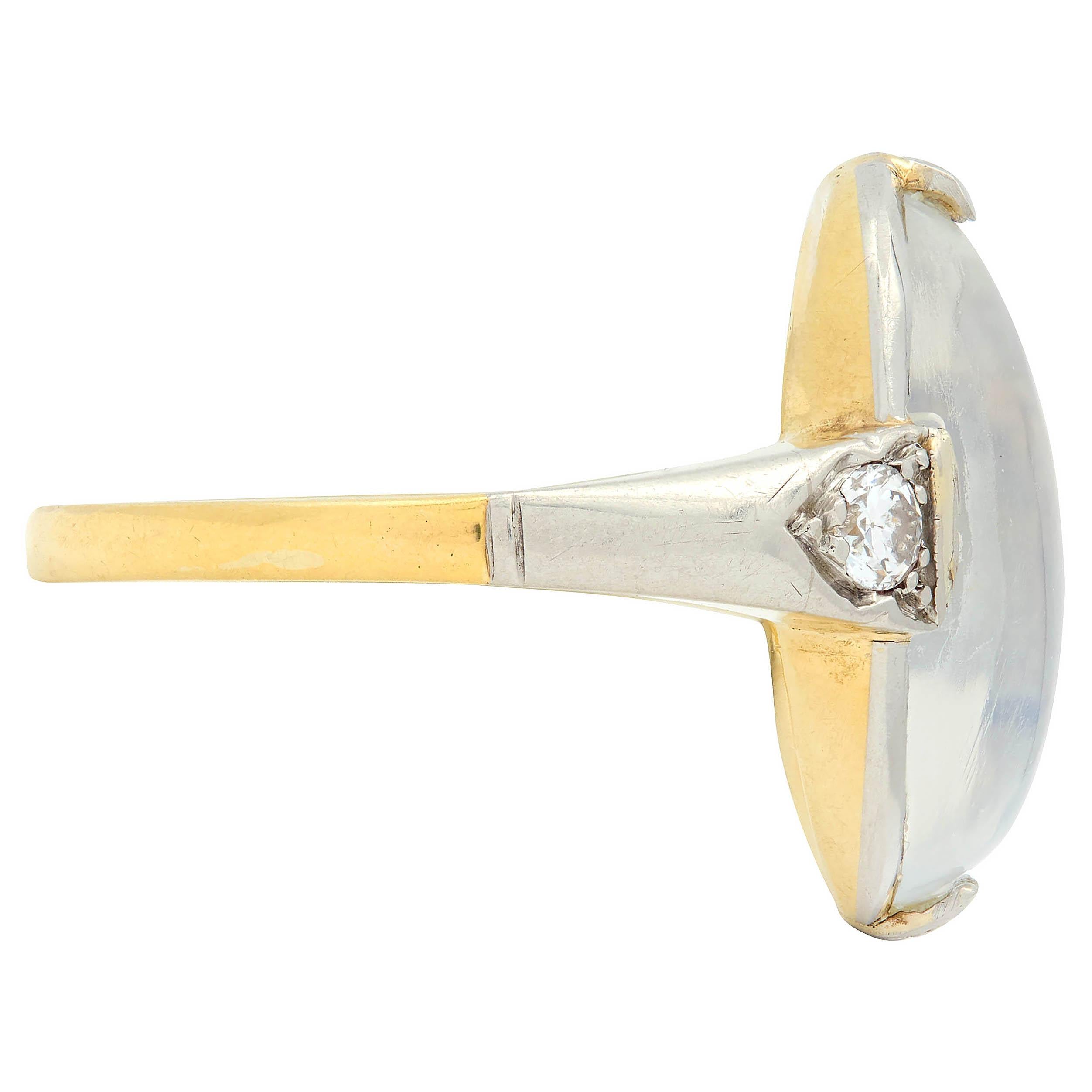 Art Deco Moonstone Diamond Platinum 18 Karat Yellow Gold Antique Dinner Ring