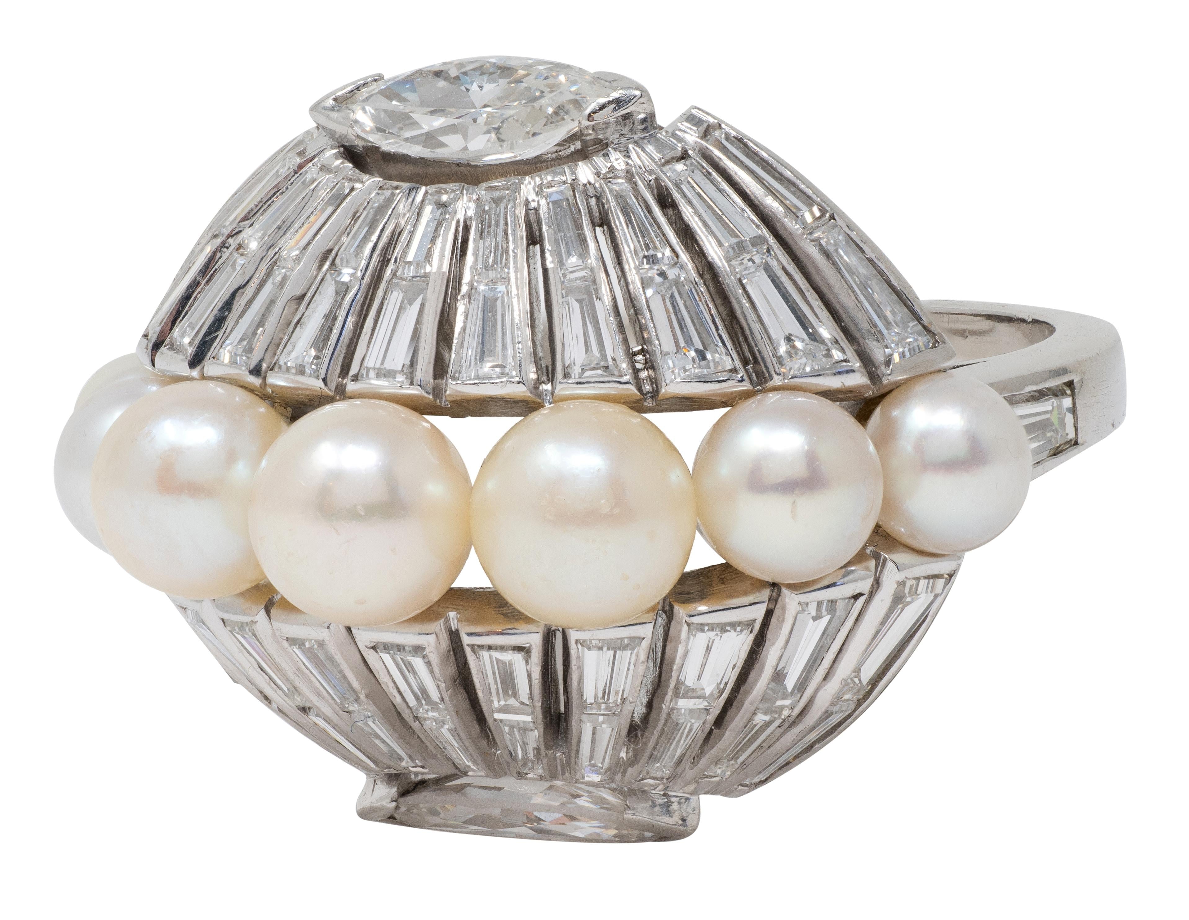 Mid-Century Modernist Pearl Diamond Platinum Vintage Fanning Cocktail Ring