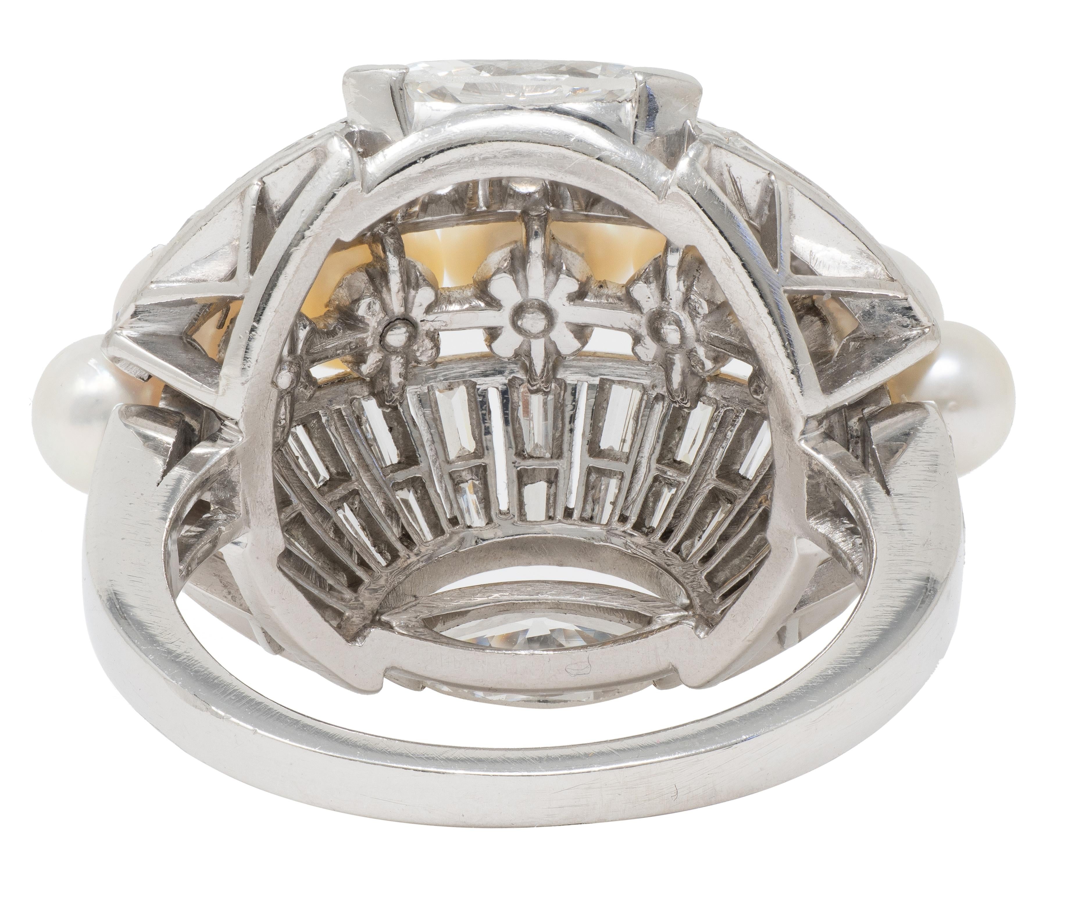 Mid-Century Modernist Pearl Diamond Platinum Vintage Fanning Cocktail Ring