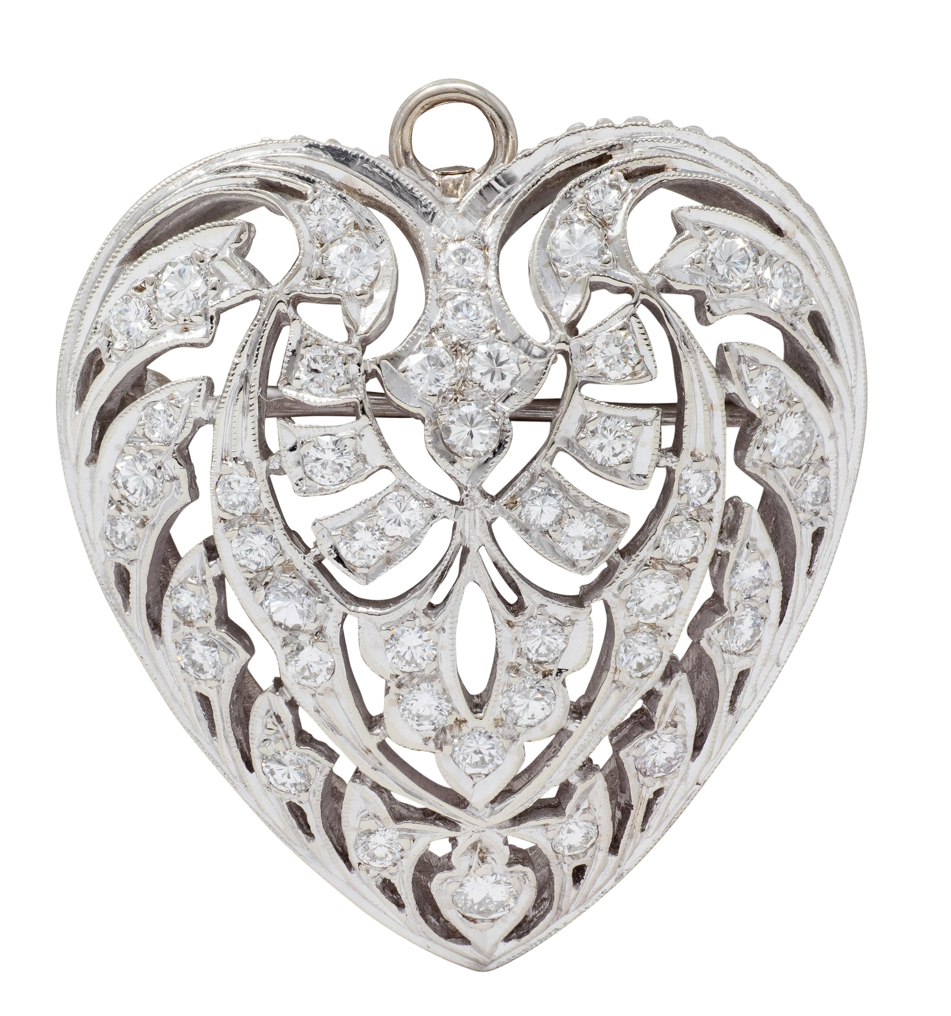 Mid-Century 1.85 CTW Diamond 14 Karat White Gold Vintage Heart Pendant Brooch