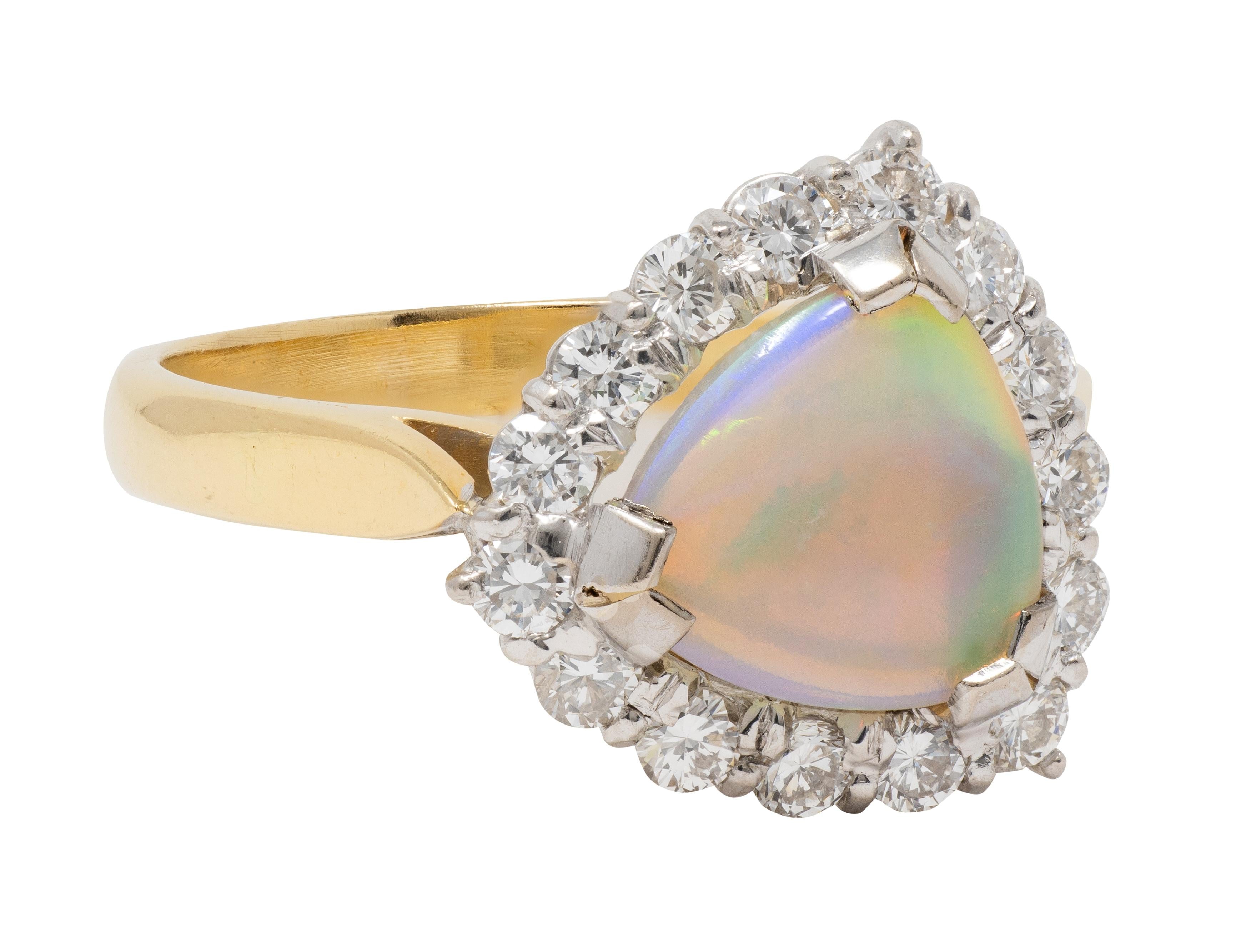 1980's Opal Diamond 18 Karat Yellow White Gold Triangular Vintage Halo Ring