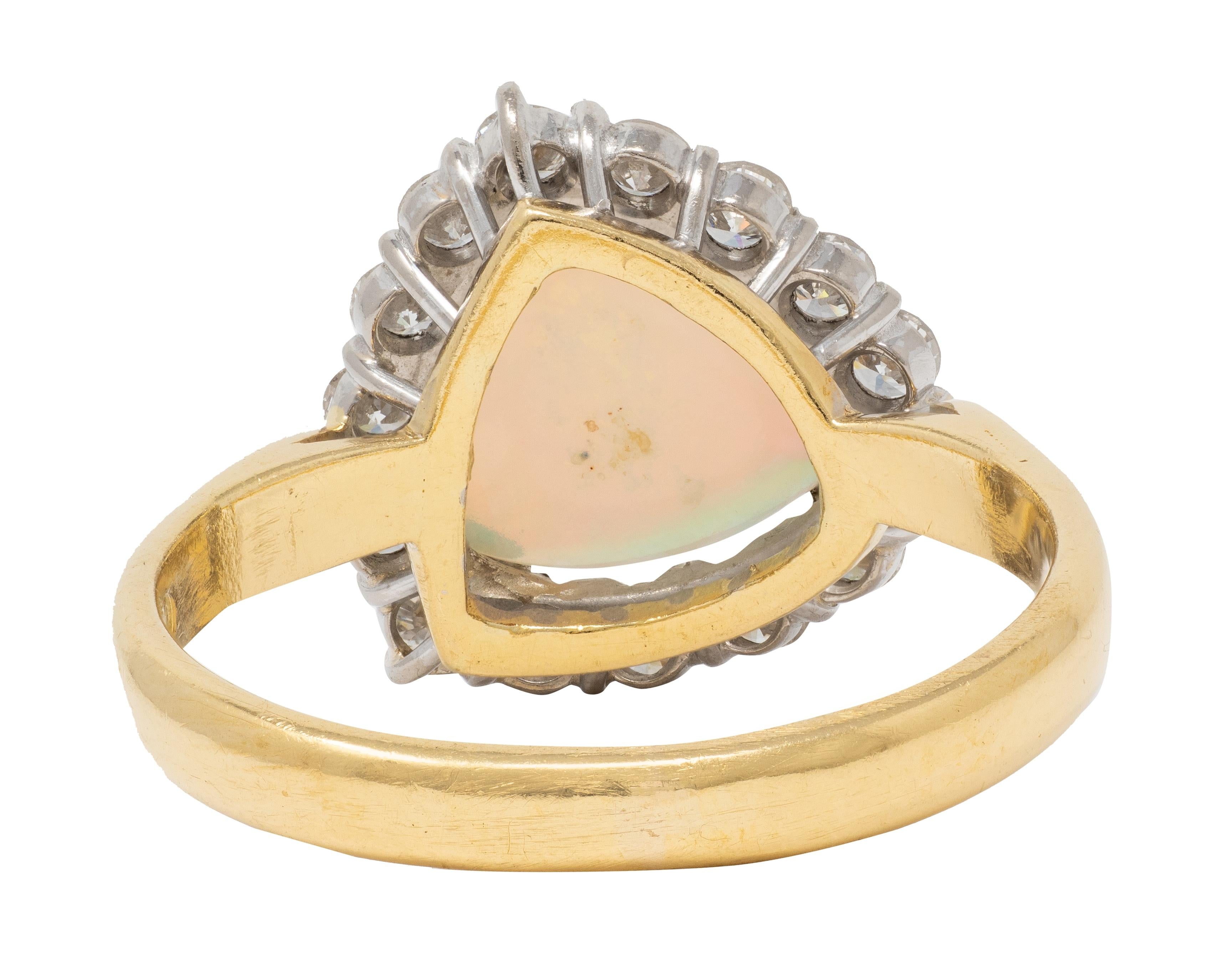 1980's Opal Diamond 18 Karat Yellow White Gold Triangular Vintage Halo Ring
