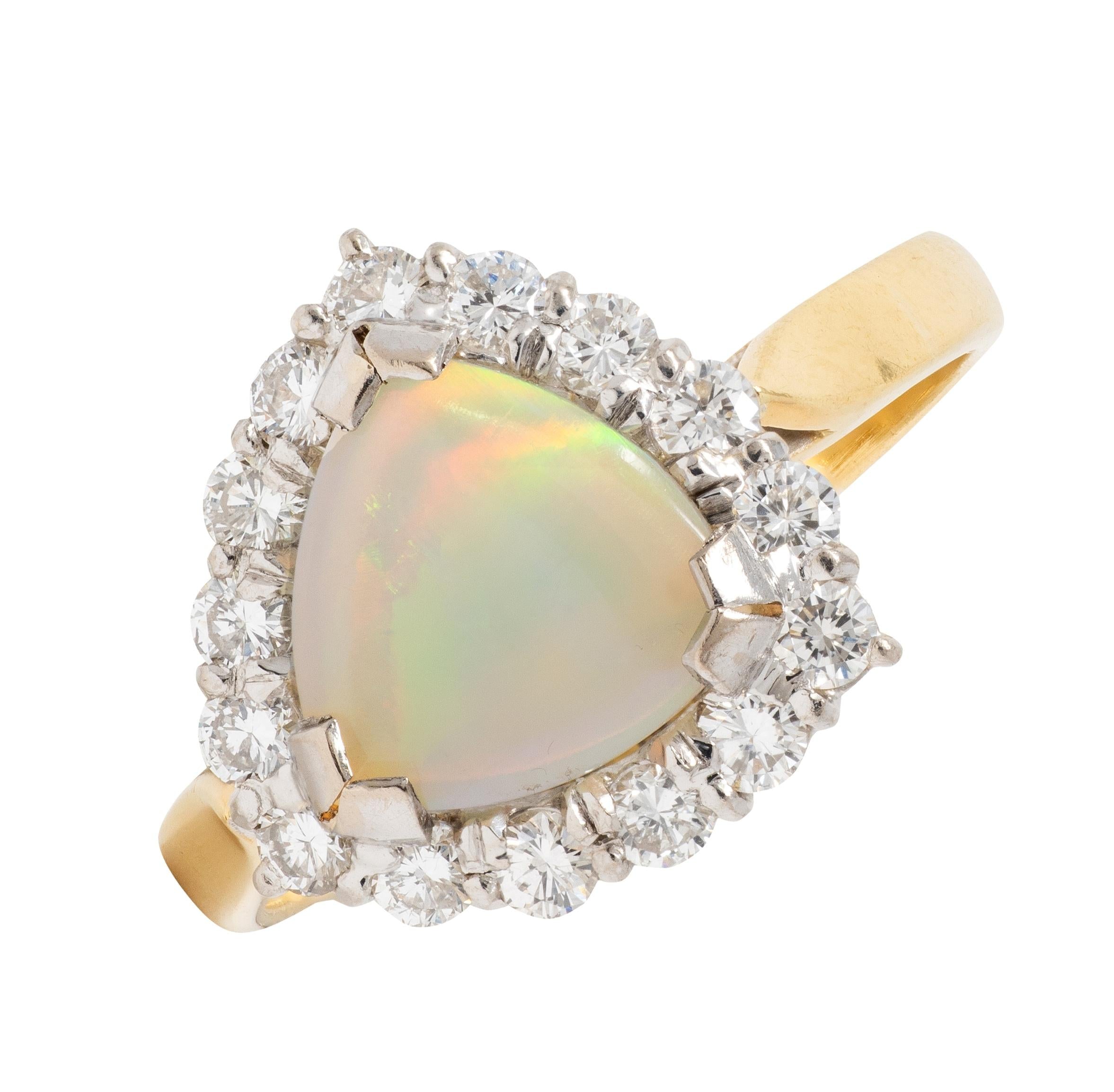 1980's Opal Diamond 18 Karat Yellow White Gold Triangular Vintage Halo Ring