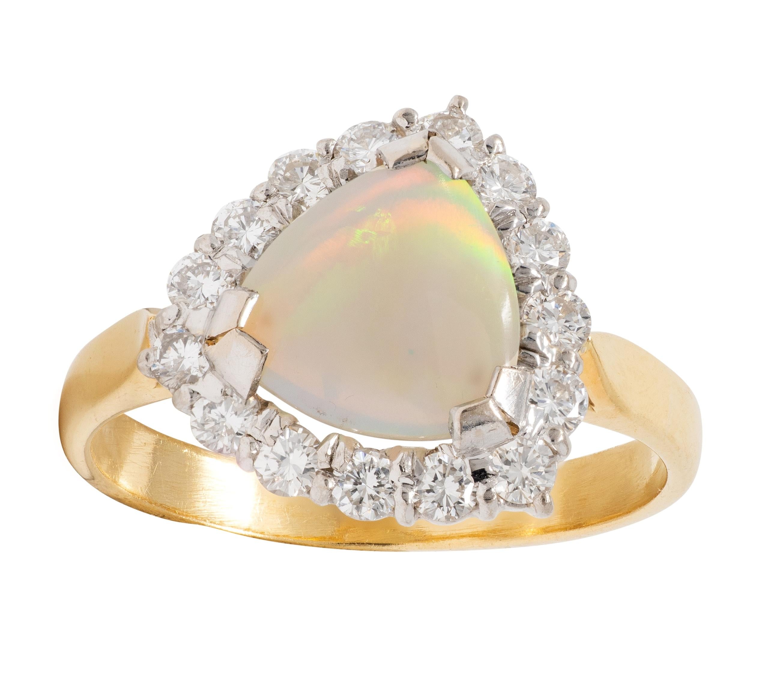 1980's Opal Diamond 18 Karat Yellow White Gold Triangular Vintage Halo Ring