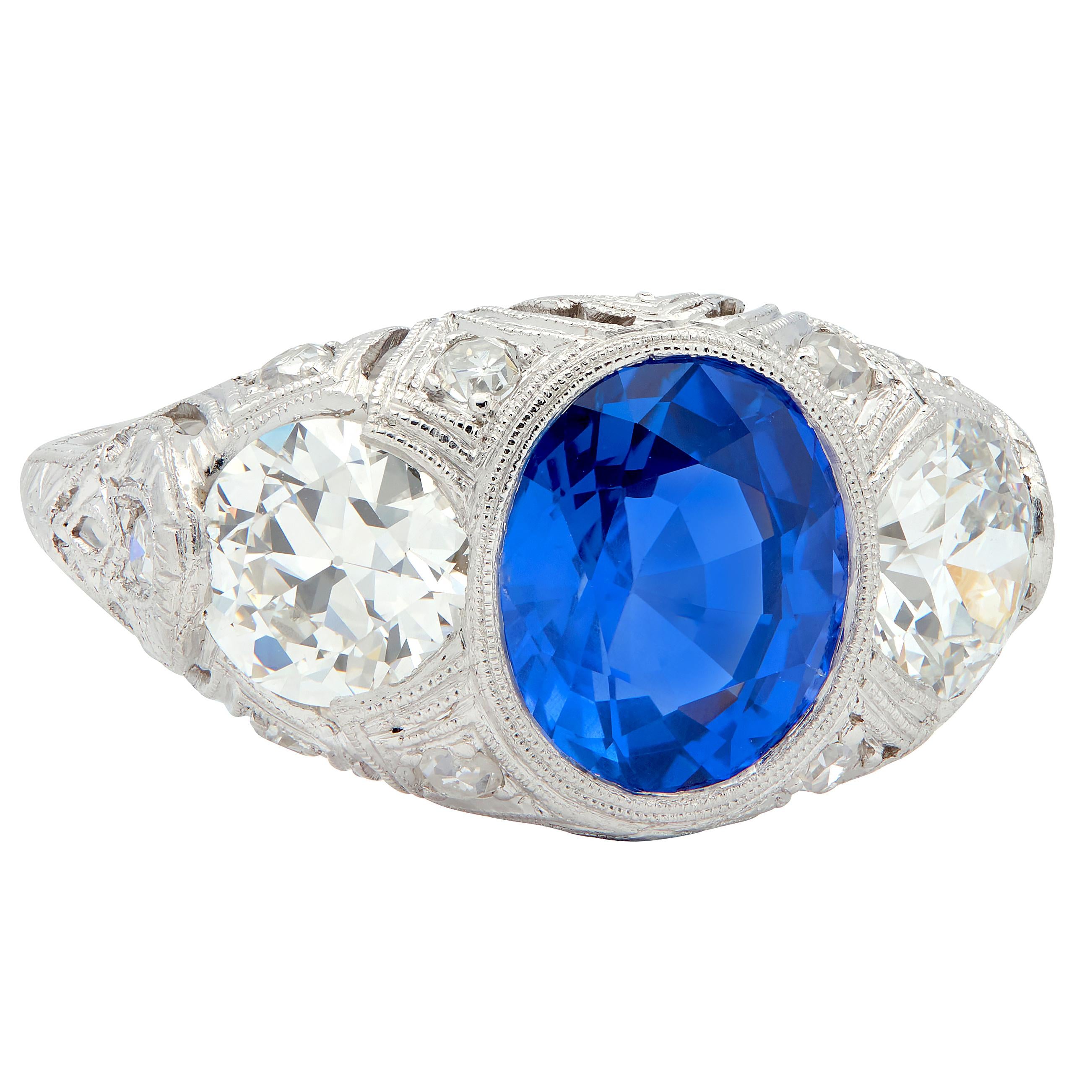 Art Deco 4.90 CTW No Heat Ceylon Sapphire Diamond Platinum Antique Ring AGL