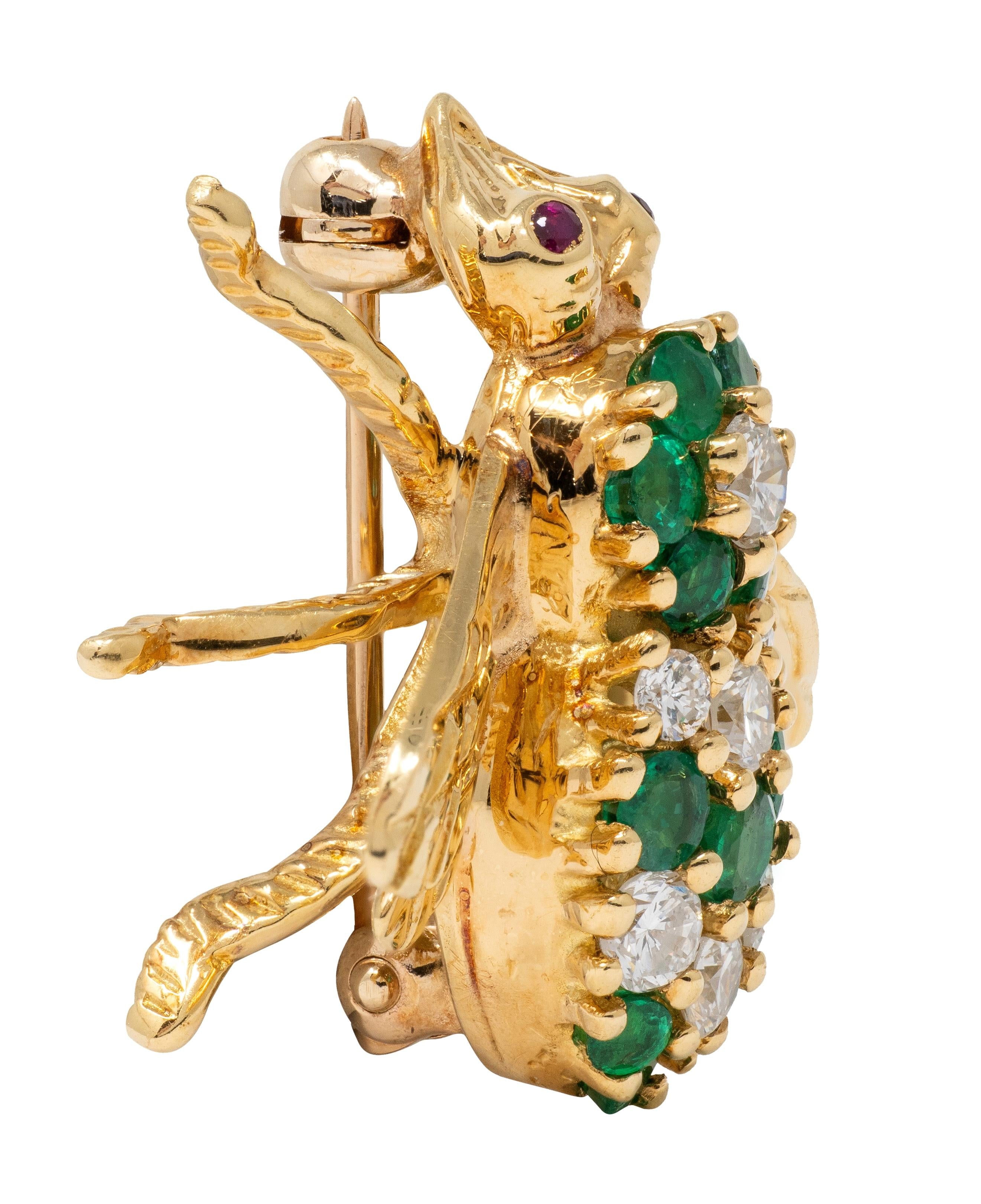 Rosenthal Diamond Emerald Ruby 18K Yellow Gold Vintage Bee Brooch