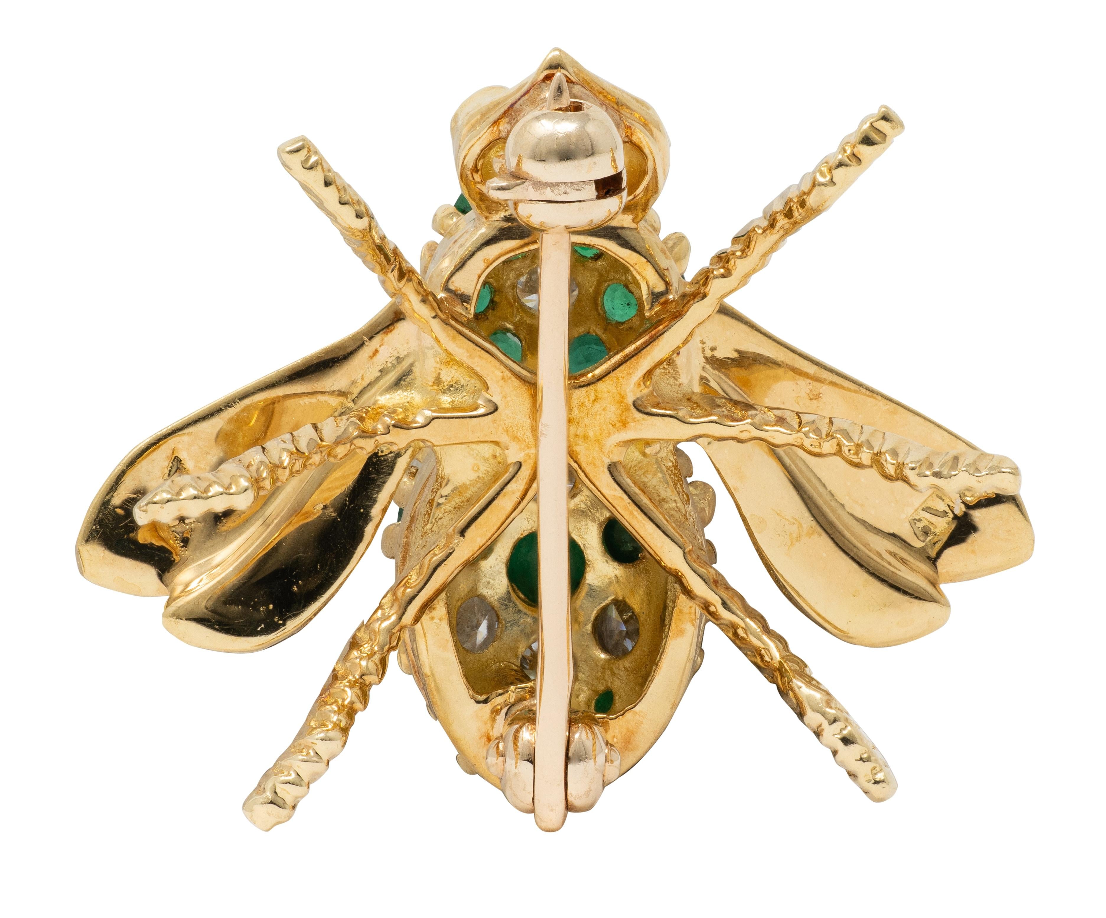 Rosenthal Diamond Emerald Ruby 18K Yellow Gold Vintage Bee Brooch