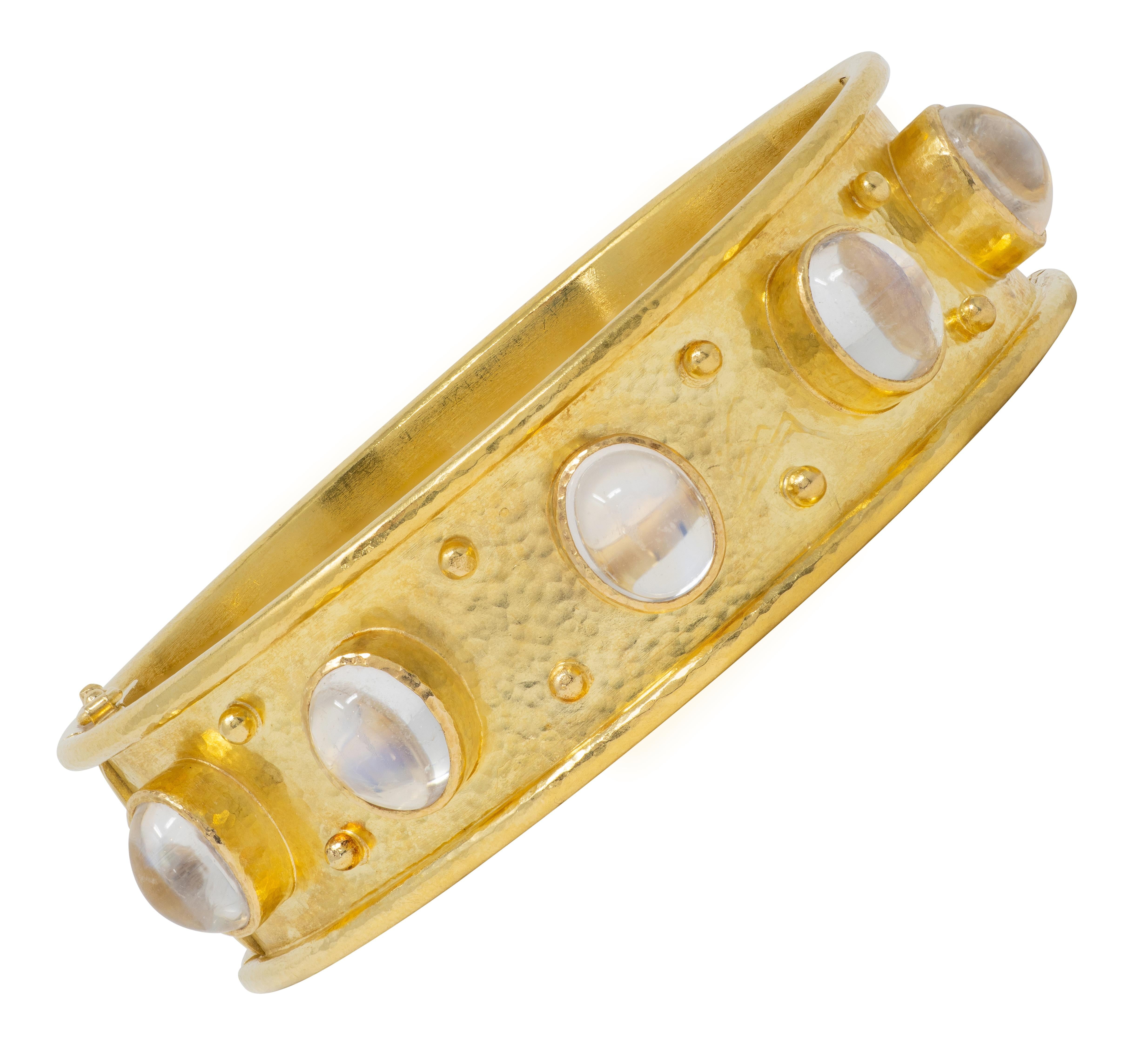 Elizabeth Locke 2000's Moonstone 18K Gold Wide Hammered Bangle Bracelet