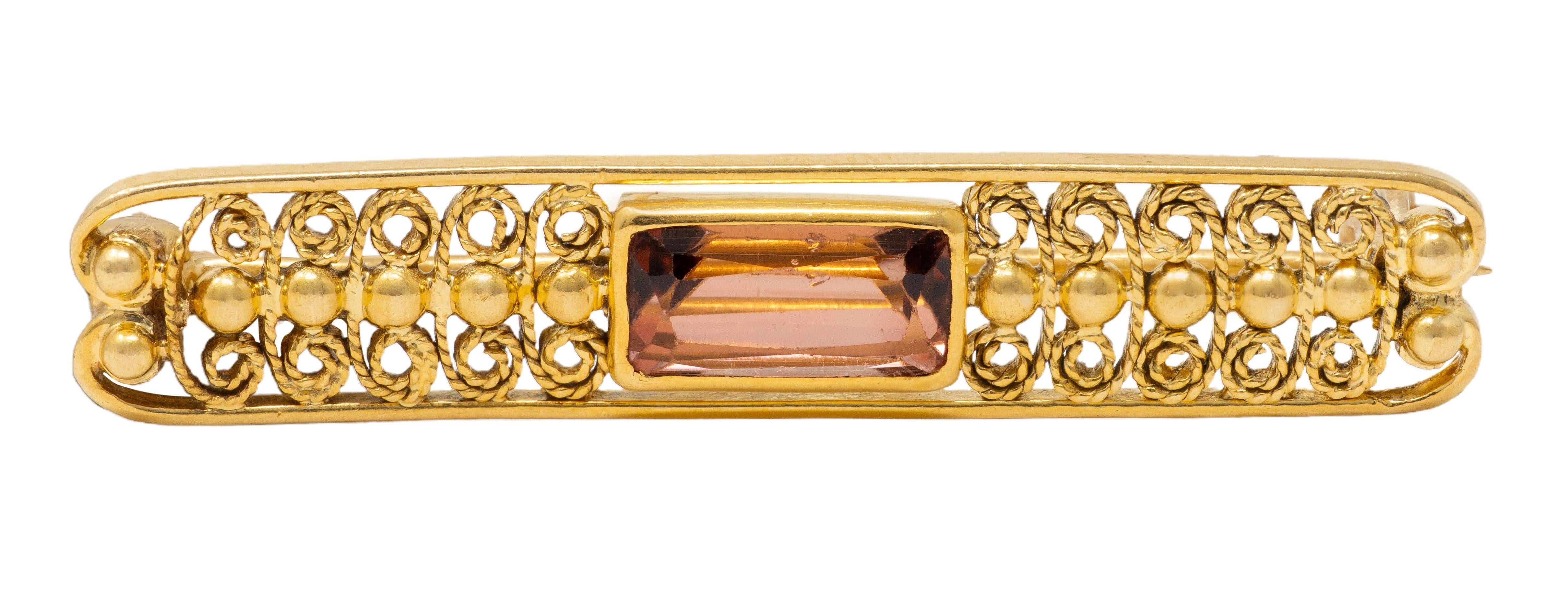 Louis Comfort Tiffany 1900's Tourmaline 18K Gold Antique Filigree Bar Brooch