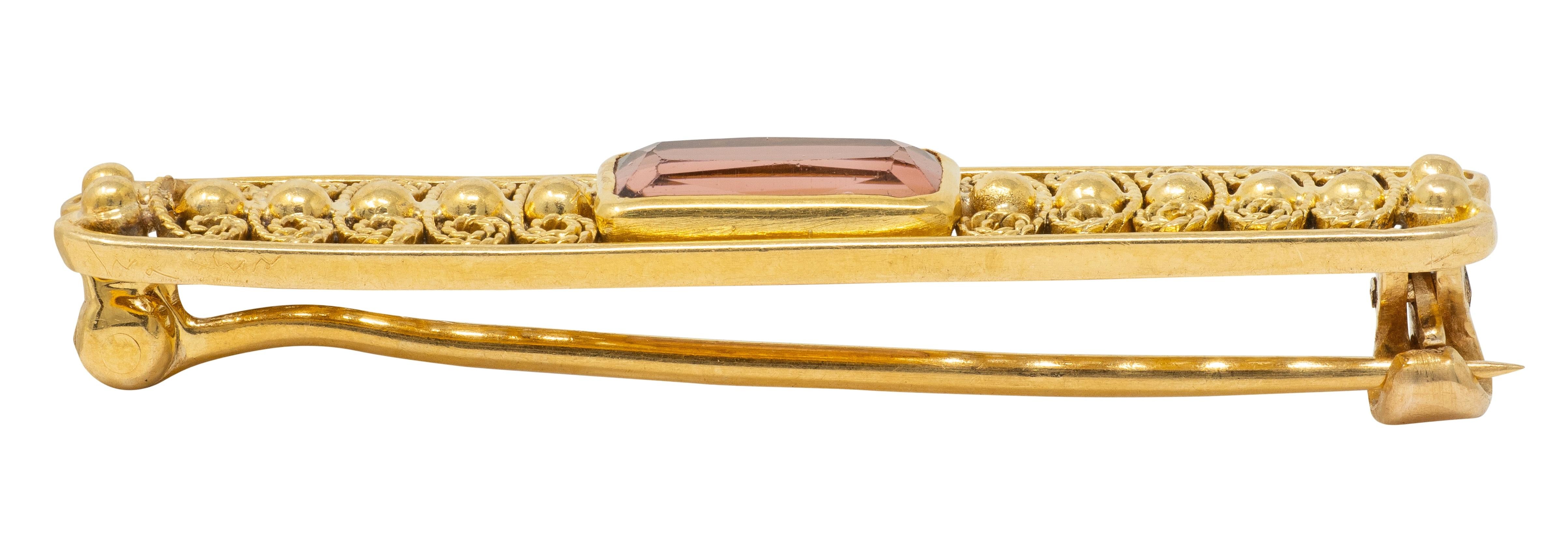 Louis Comfort Tiffany 1900's Tourmaline 18K Gold Antique Filigree Bar Brooch