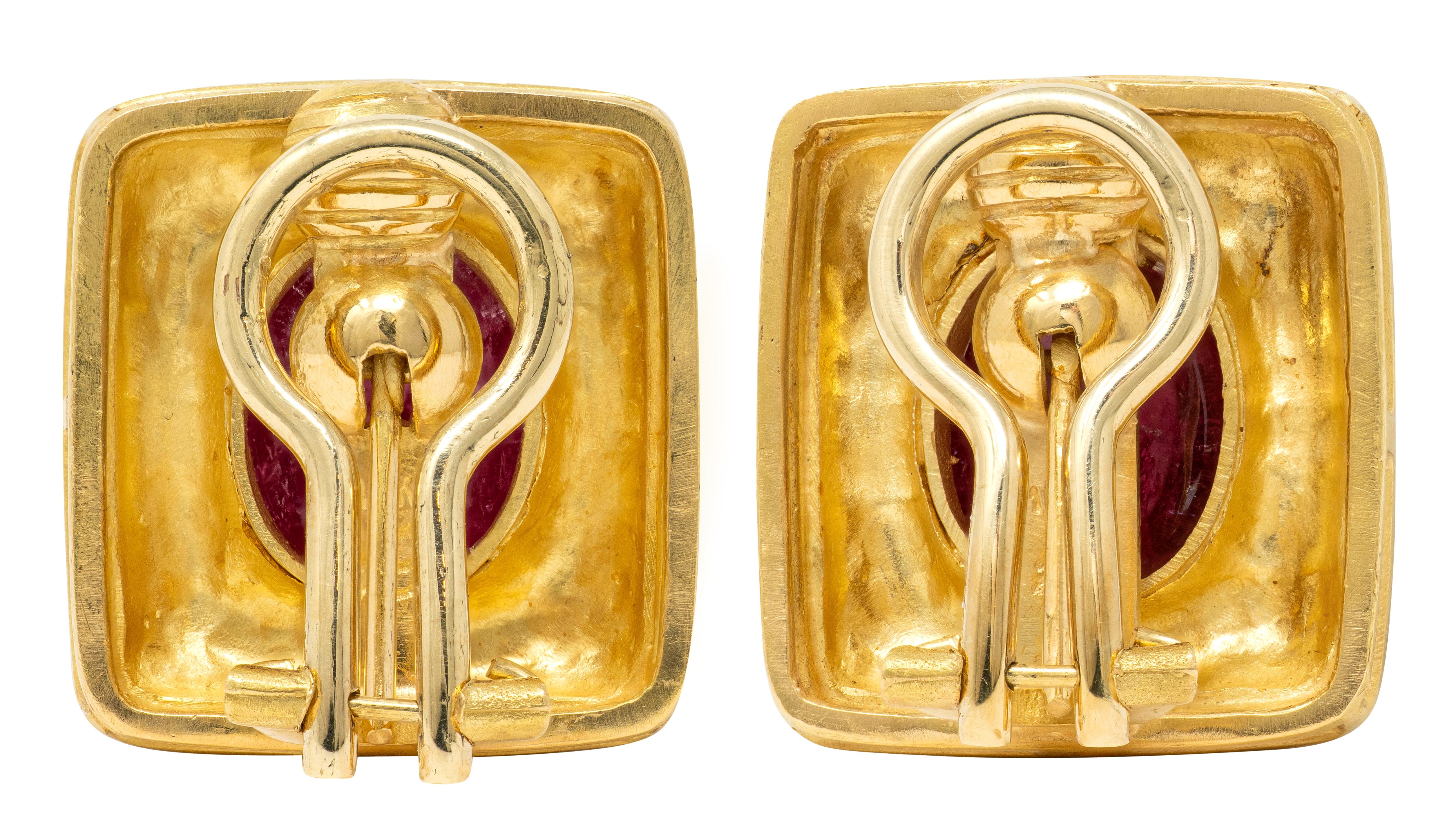 Elizabeth Locke 2000's Tourmaline 18 Karat Yellow Gold Cushion Earrings