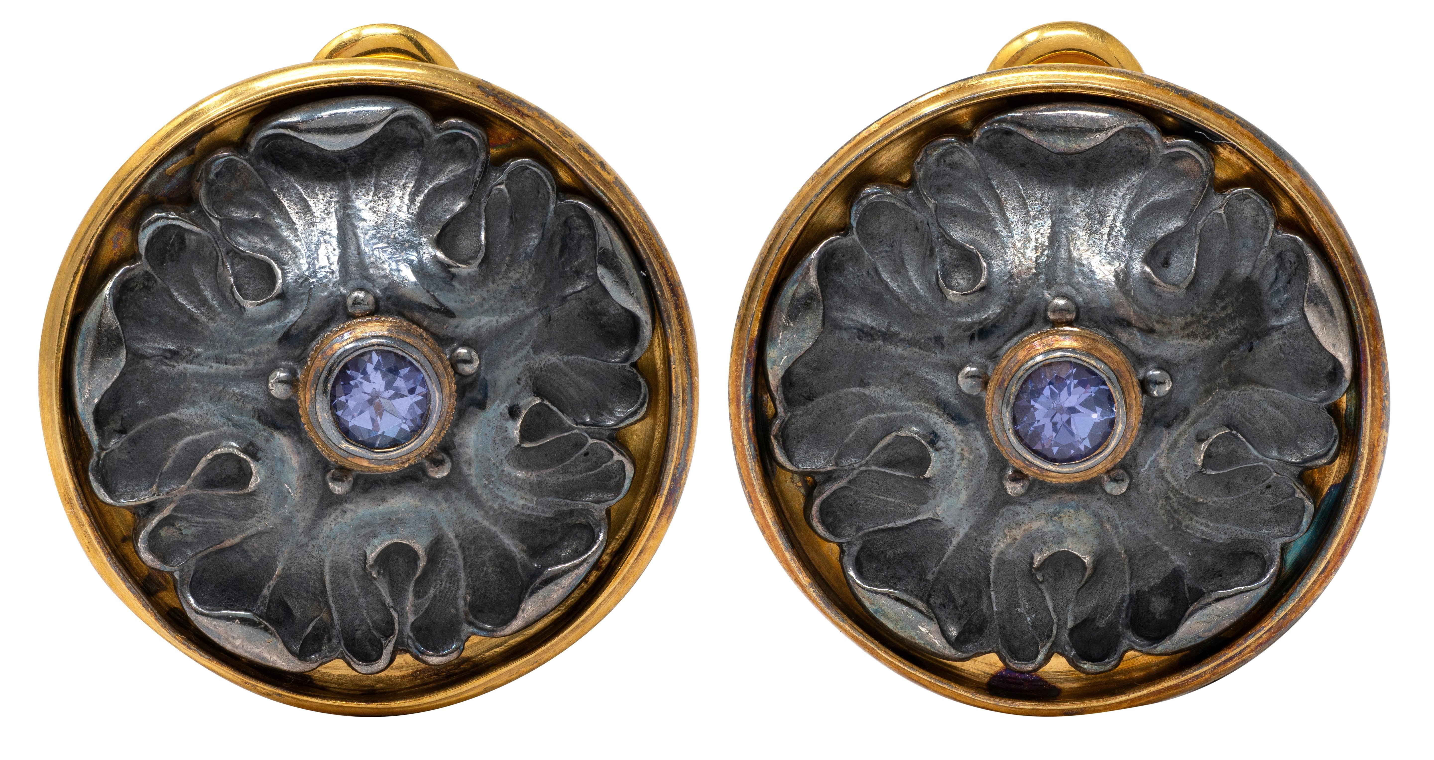 Paul Lantuch Neoclassical Revival Sapphire 18 K Gold Silver Leaf Earrings