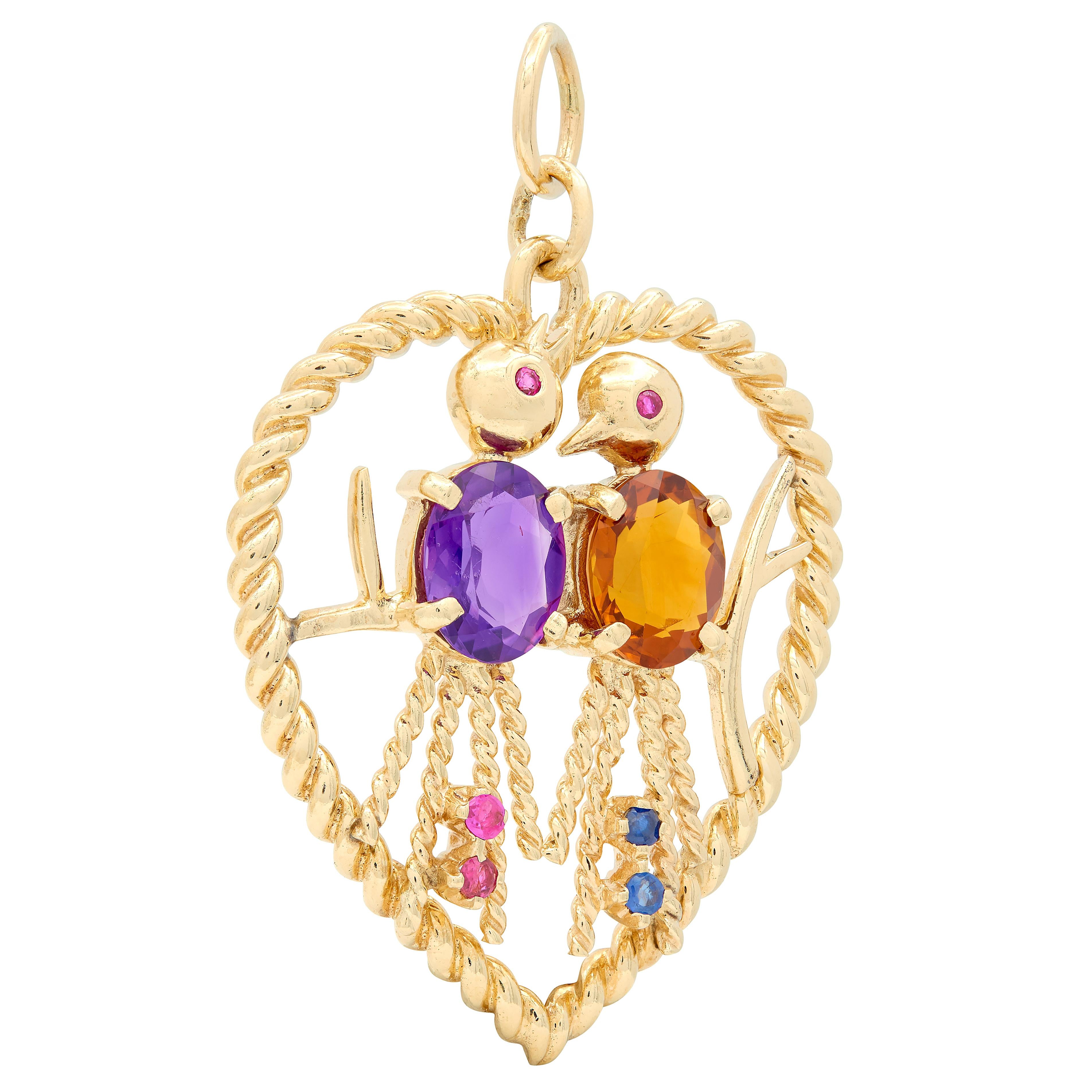 1960's Citrine Amethyst Ruby 14K Gold Vintage Love Bird Pendant Charm