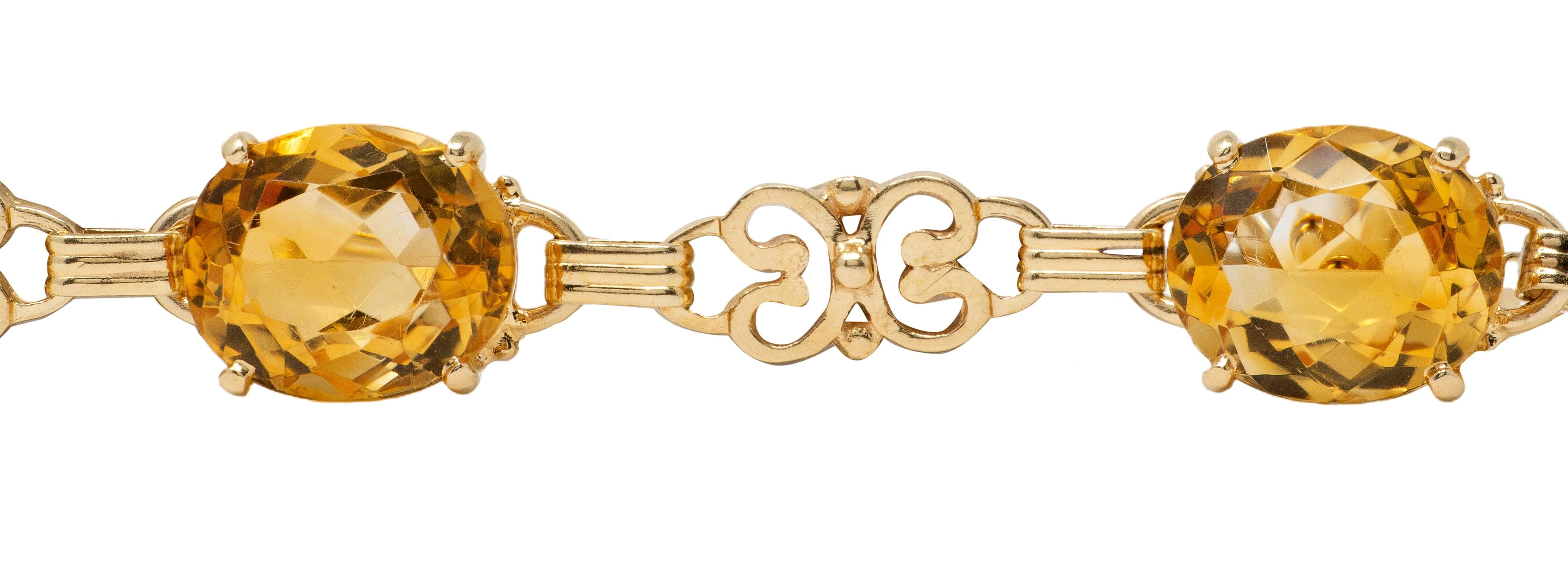 Retro Citrine 14 Karat Yellow Gold Vintage Scroll Link Bracelet