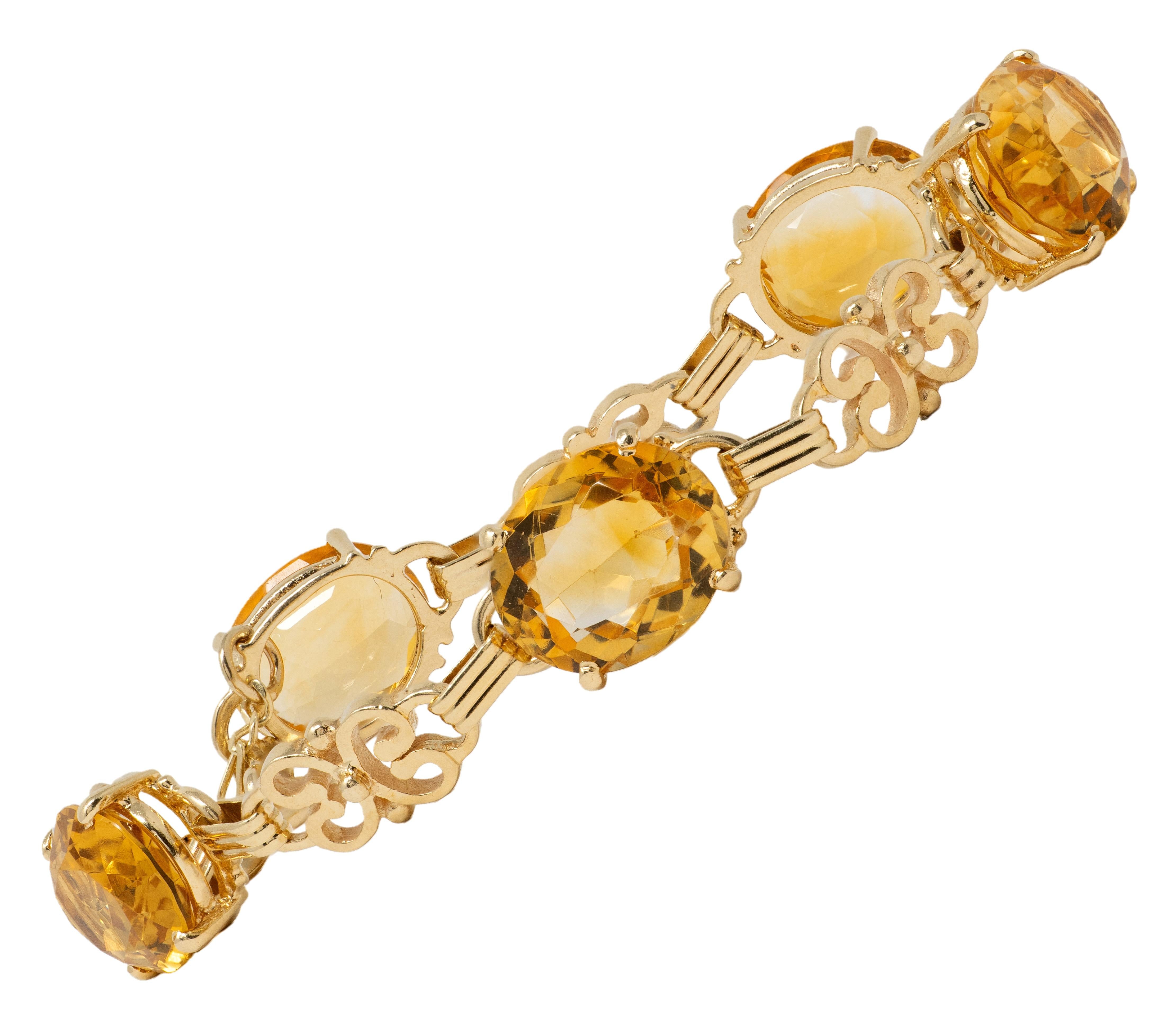 Retro Citrine 14 Karat Yellow Gold Vintage Scroll Link Bracelet