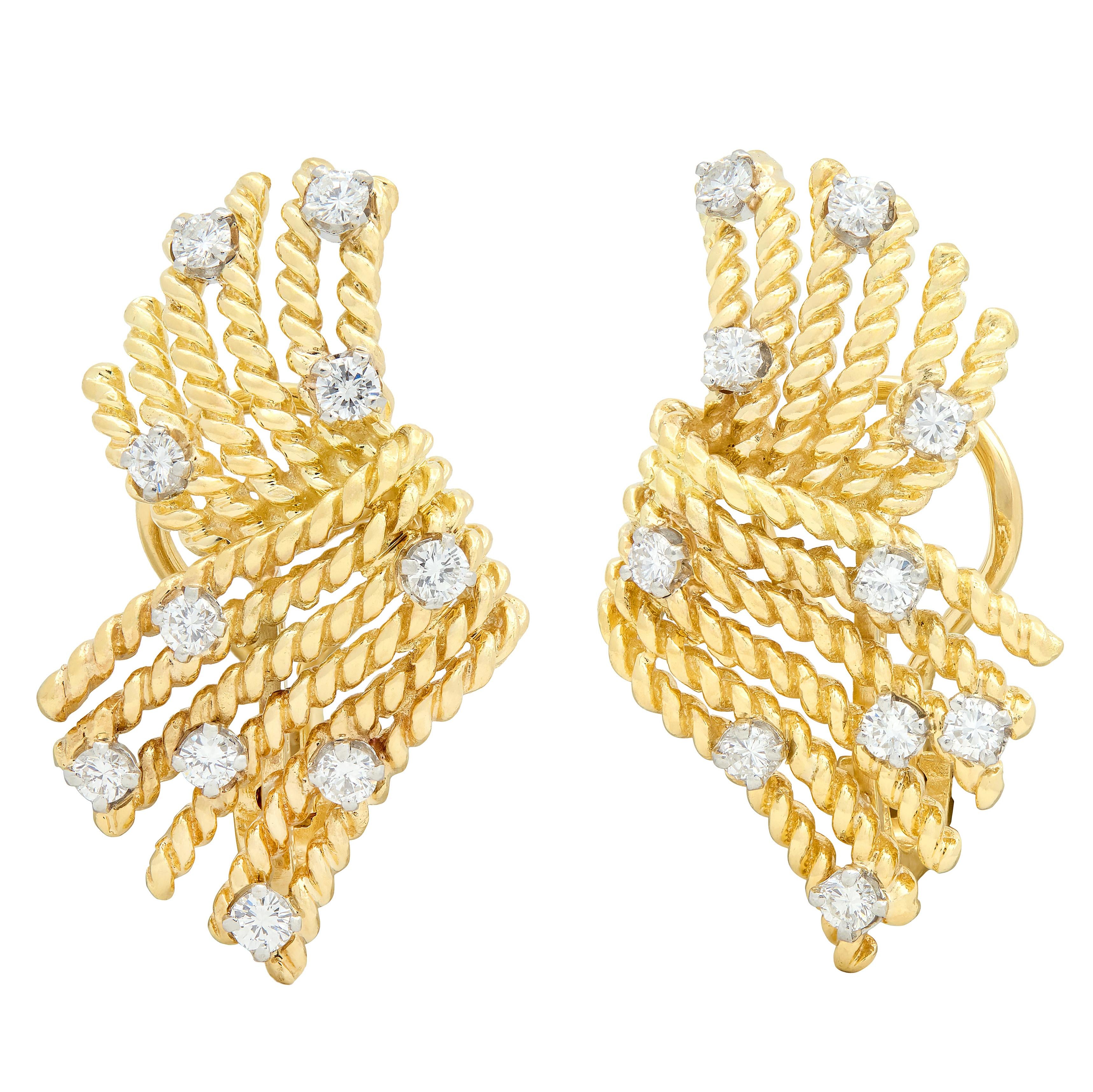 Tiffany & Co. Schlumberger Diamond 18K Yellow Gold V-Rope Fanning Earrings