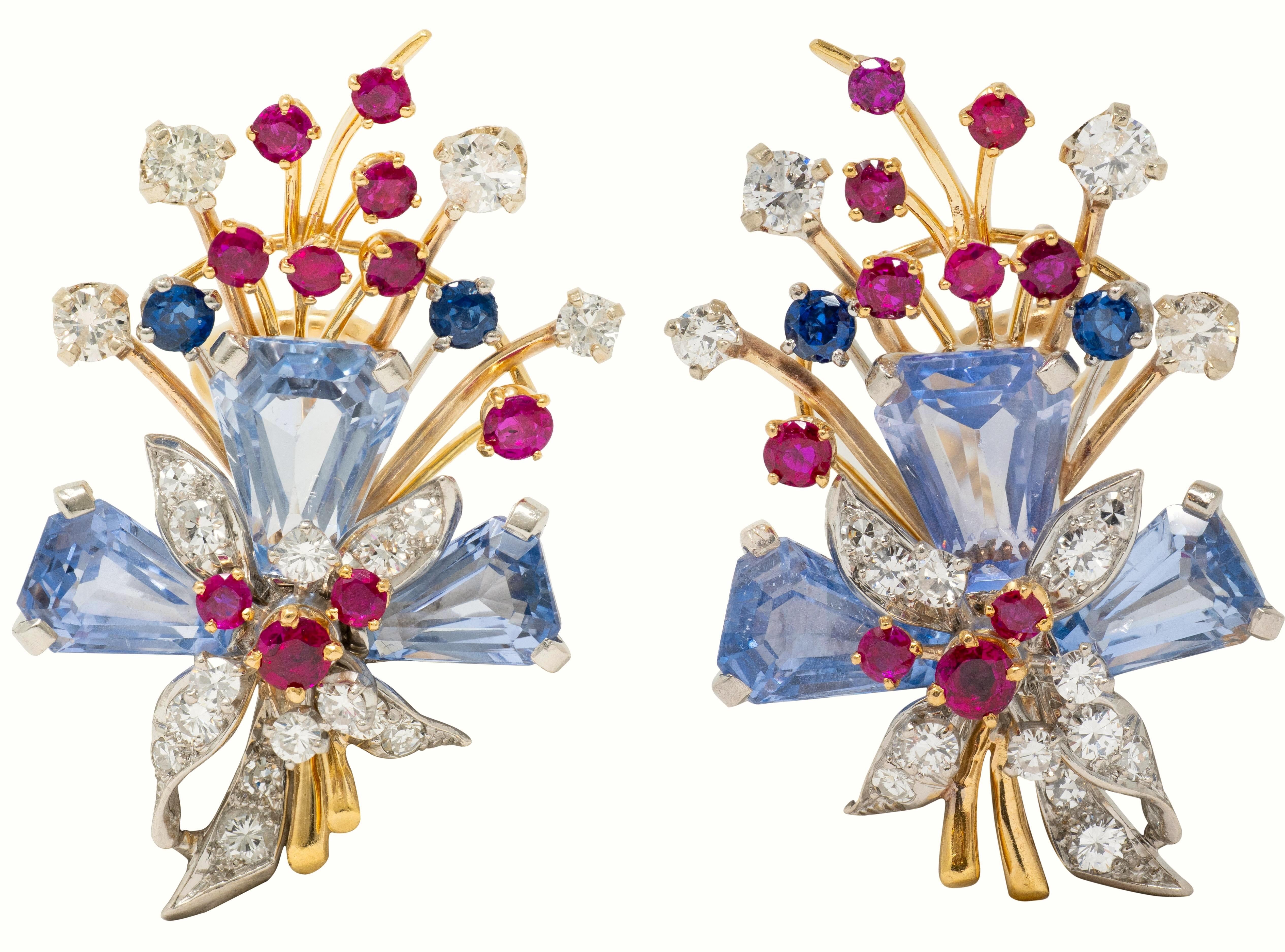 Tiffany & Co. Retro Sapphire Ruby Diamond 18K Gold Vintage Floral Spray Earrings