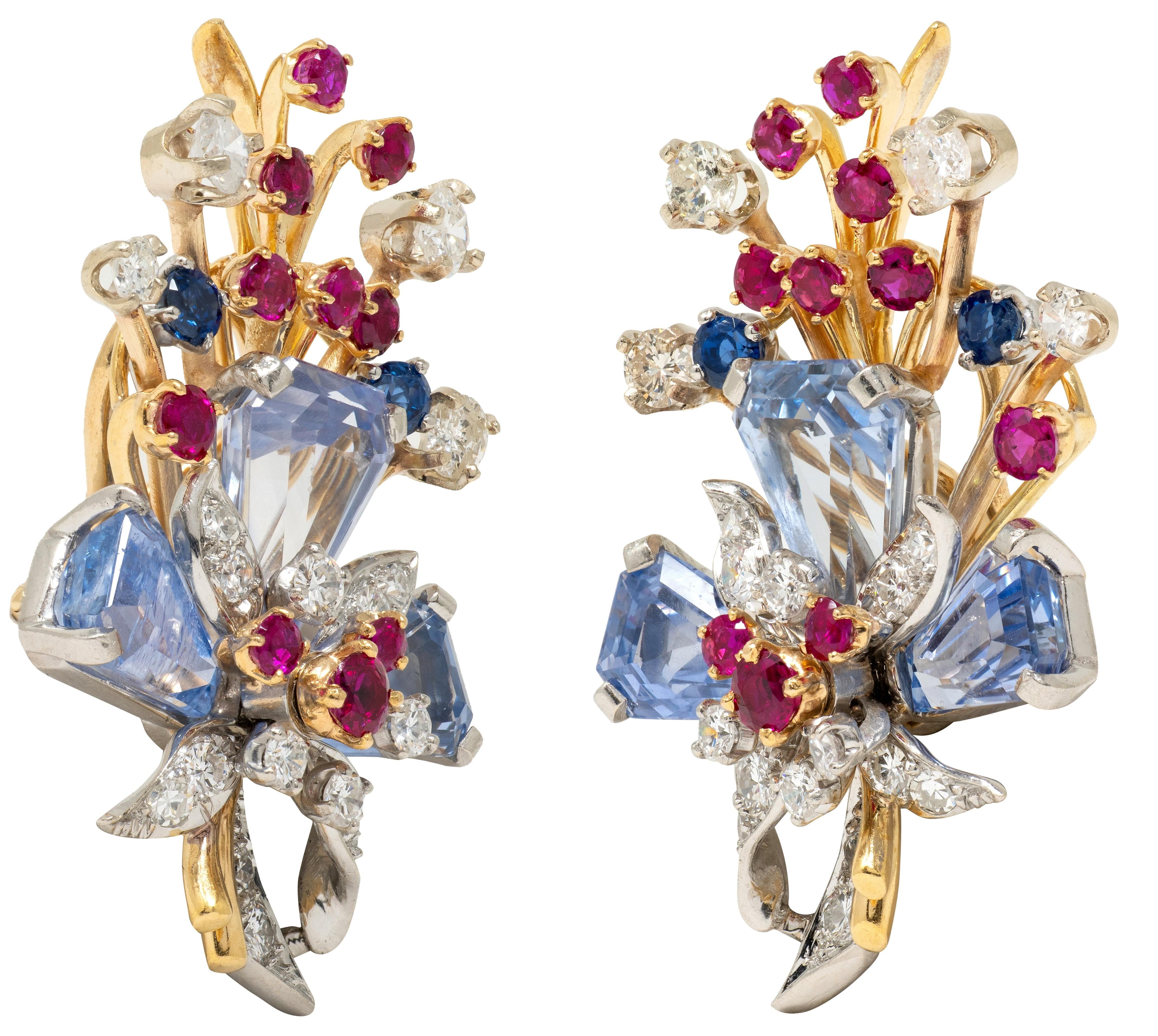Tiffany & Co. Retro Sapphire Ruby Diamond 18K Gold Vintage Floral Spray Earrings
