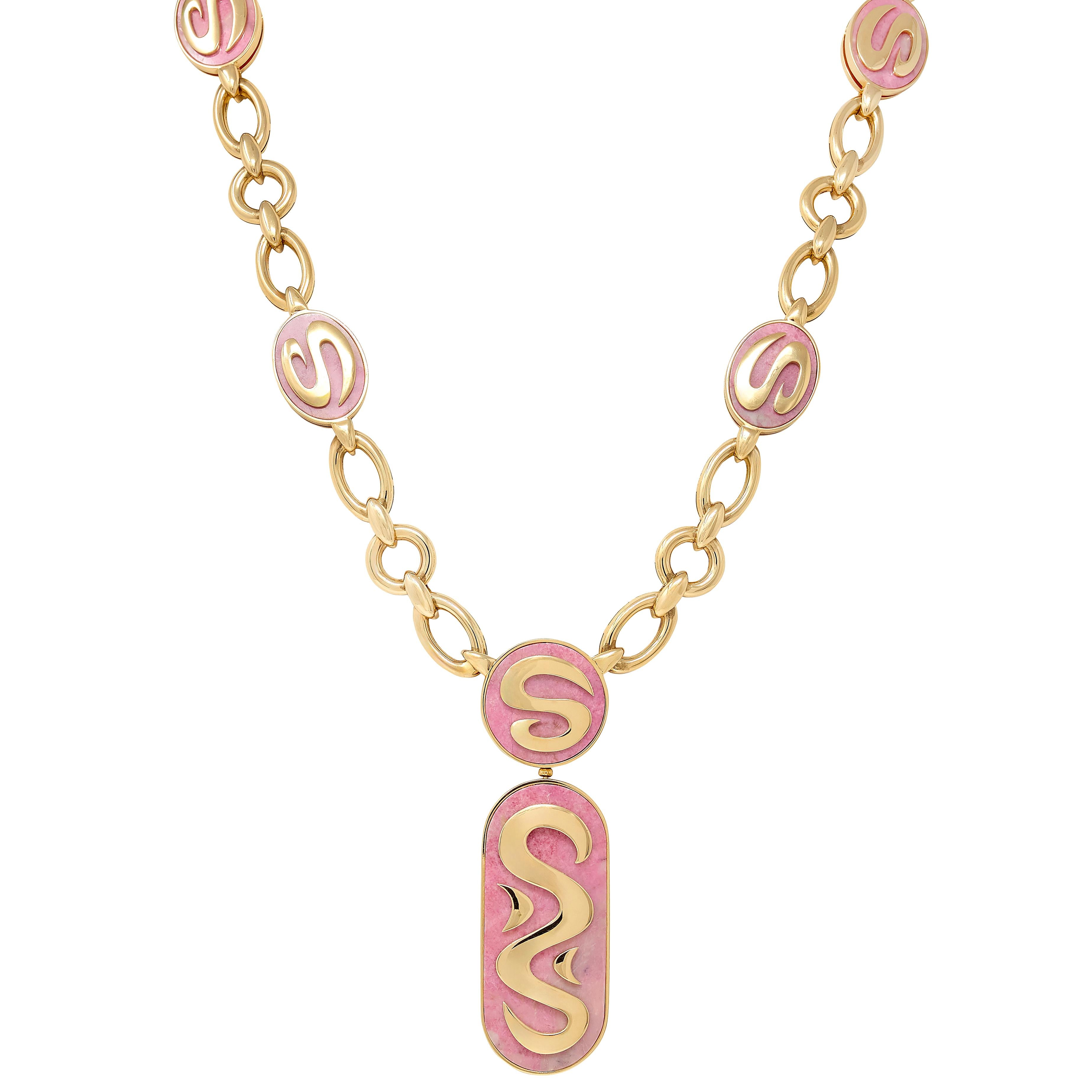 Bulgari 1970's Rhodochrosite 18 Karat Yellow Gold Vintage Station Necklace