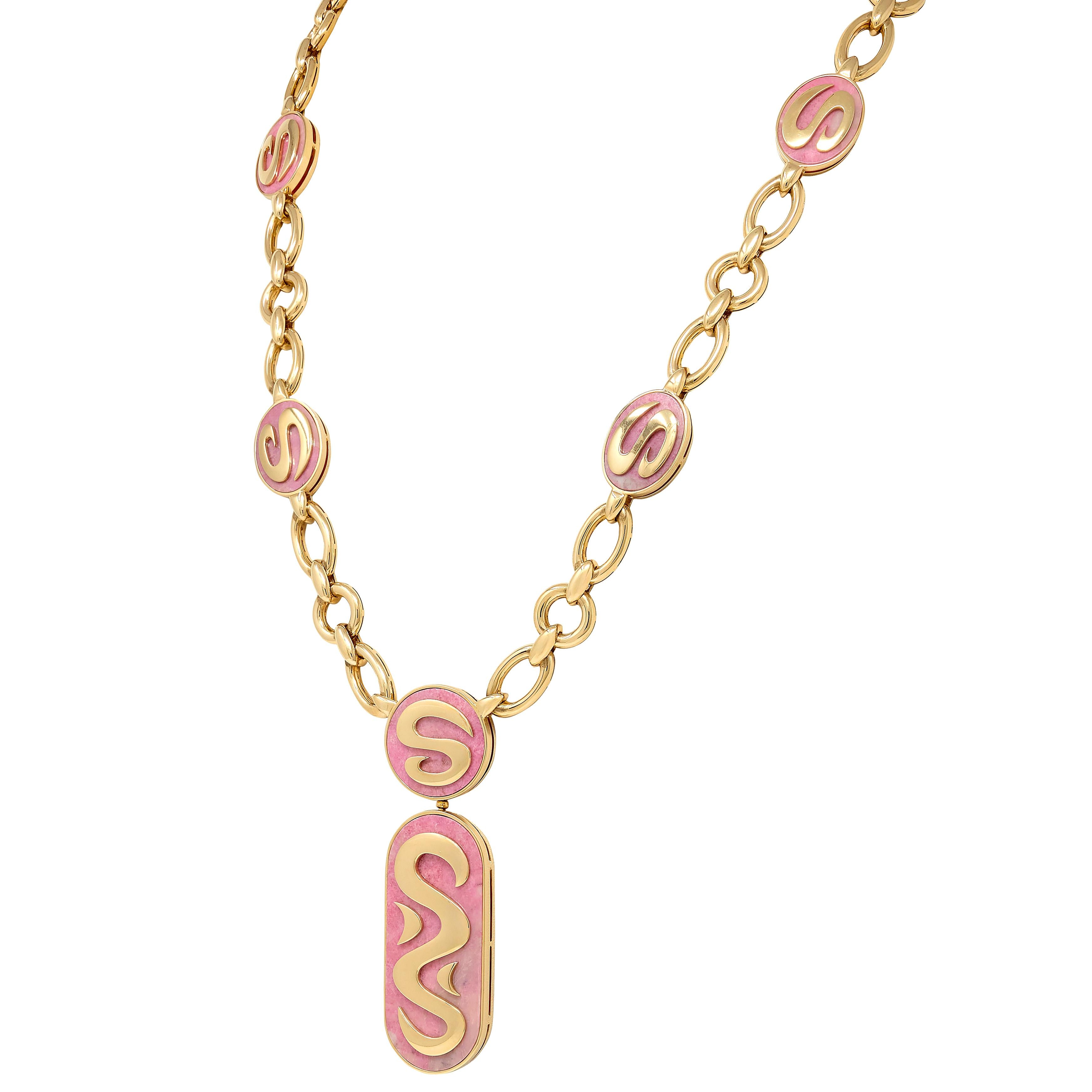 Bulgari 1970's Rhodochrosite 18 Karat Yellow Gold Vintage Station Necklace