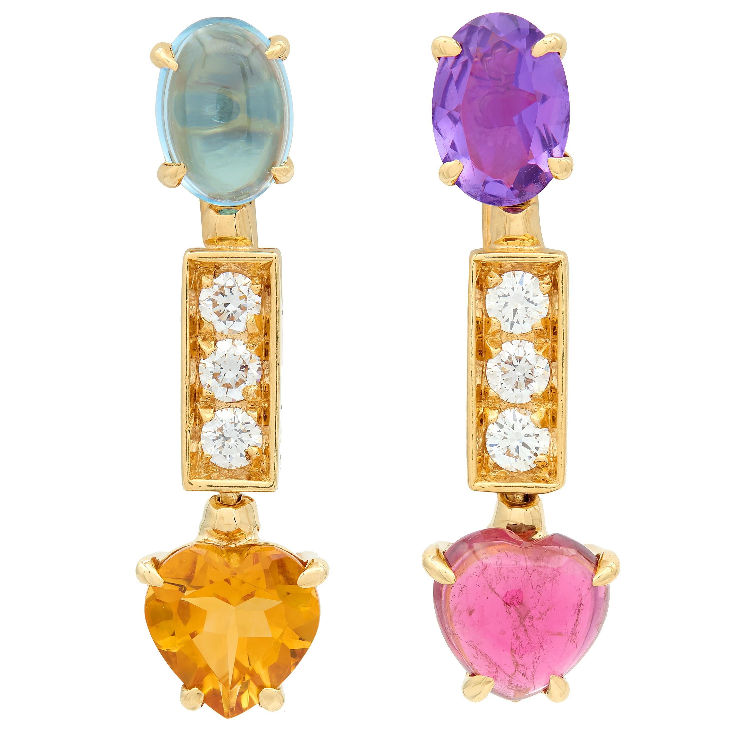 Bulgari Diamond Multi-Gem 18 Karat Yellow Gold Allegra Drop Earrings