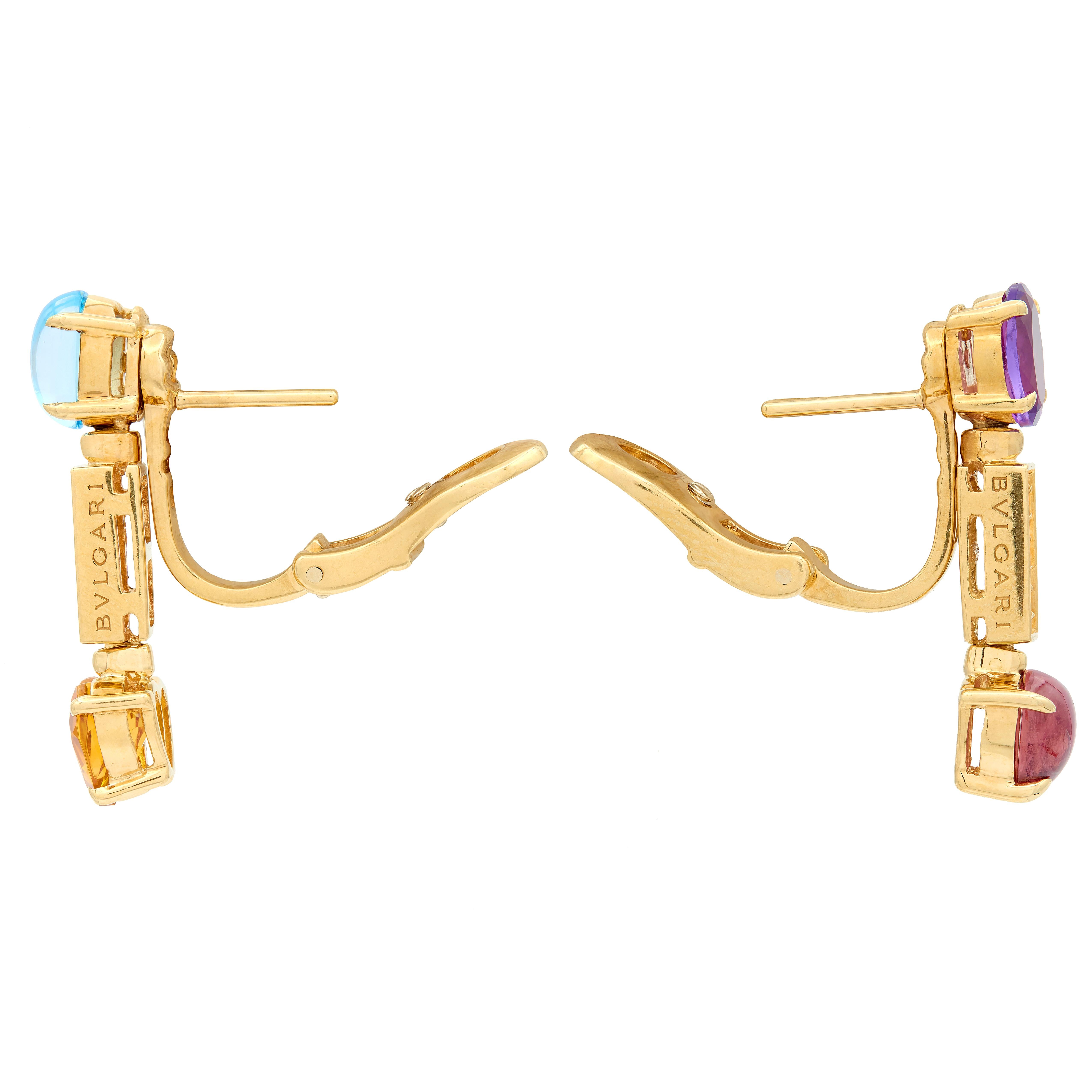 Bulgari Diamond Multi-Gem 18 Karat Yellow Gold Allegra Drop Earrings