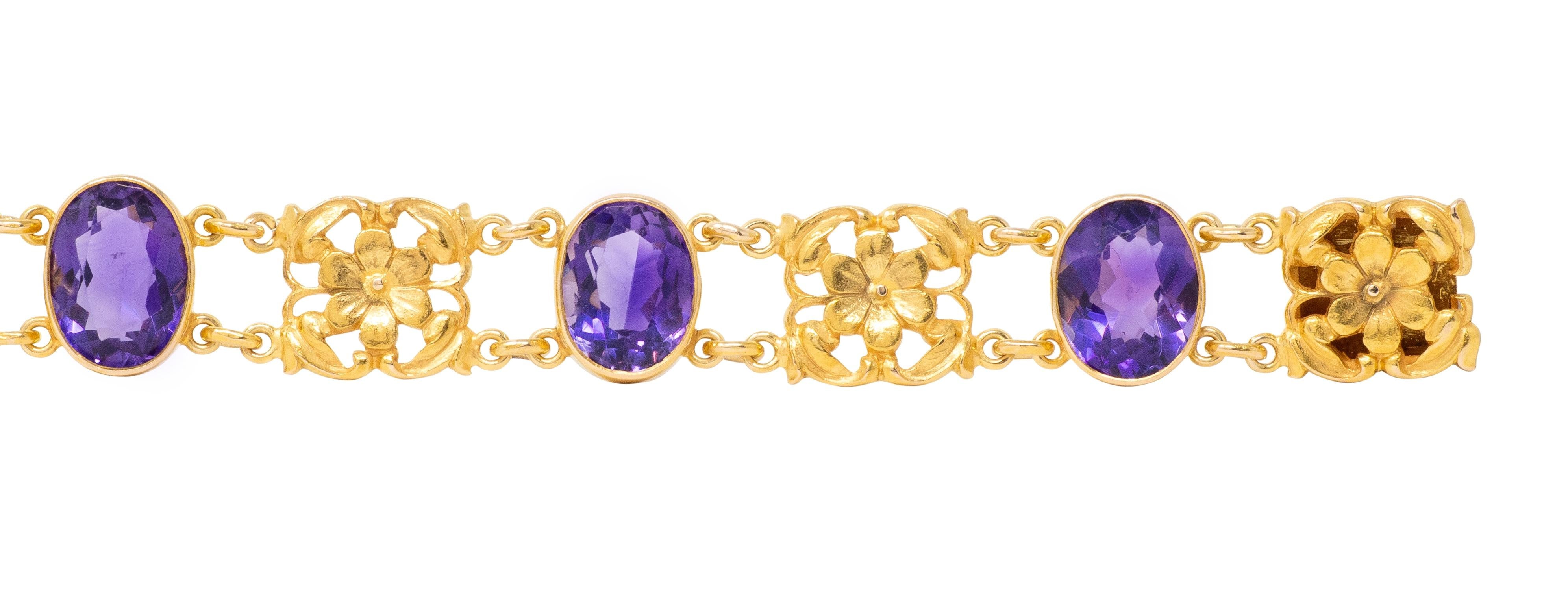 Art Nouveau Amethyst 14 Karat Yellow Gold Antique Floral Link Bracelet